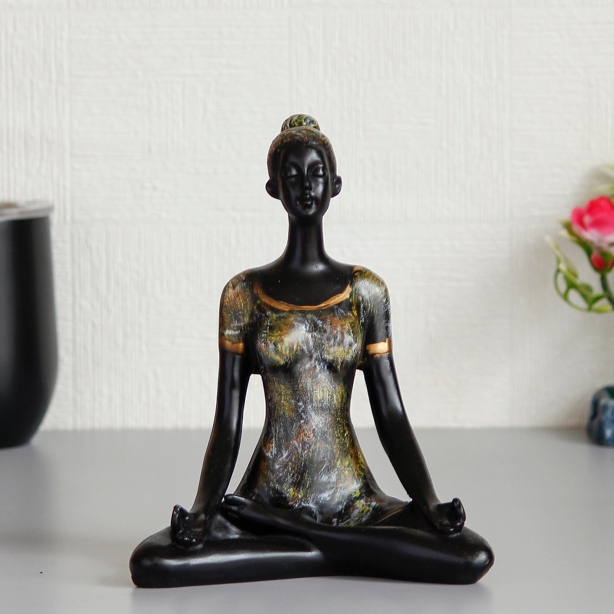 Grey and Black Polyresin Meditating lady in Sukhasana Yoga Pose Handcrafted Decorative Showpiece