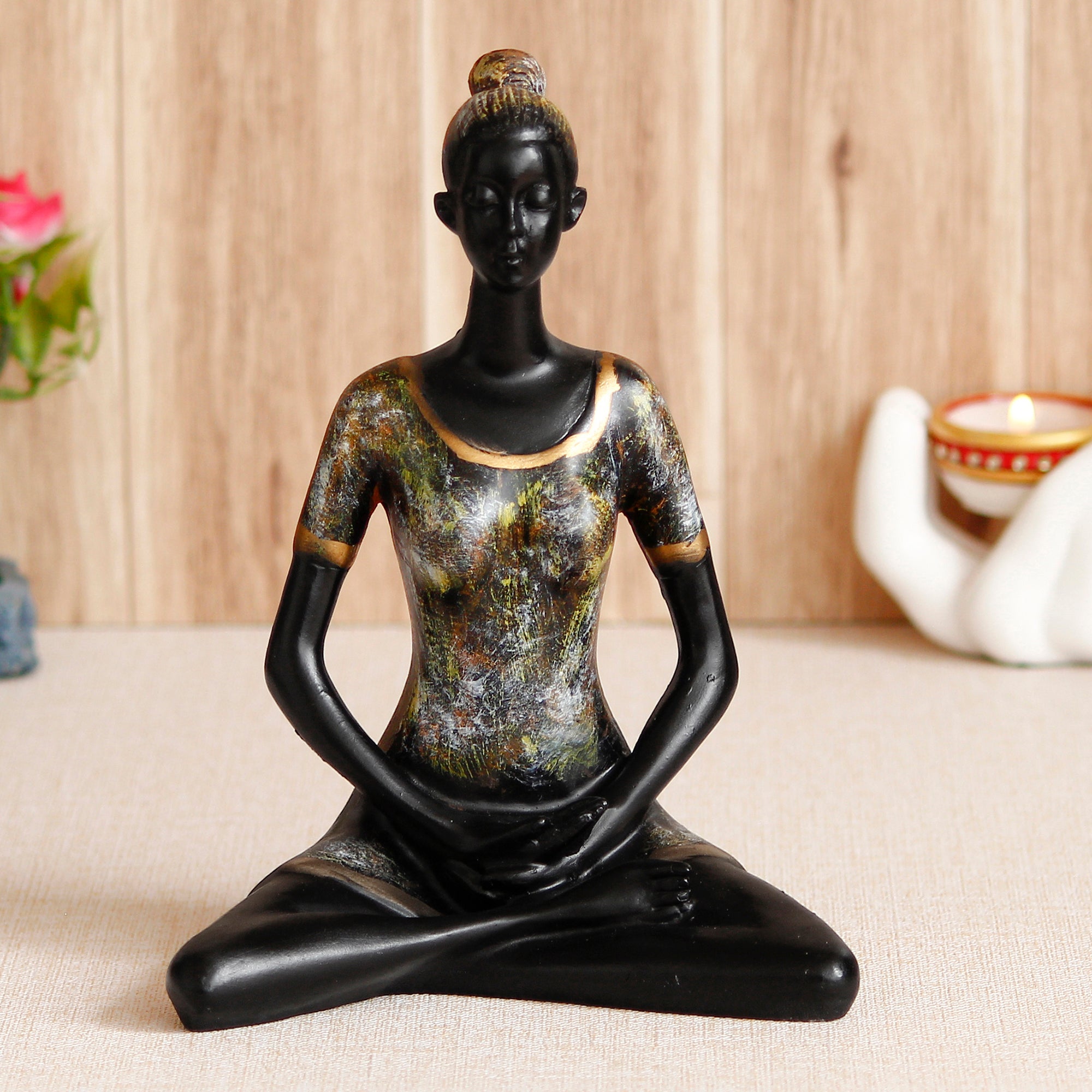 Grey and Black Polyresin Meditating lady in Padmasana - The Lotus Yoga Pose Decorative Showpiece 1
