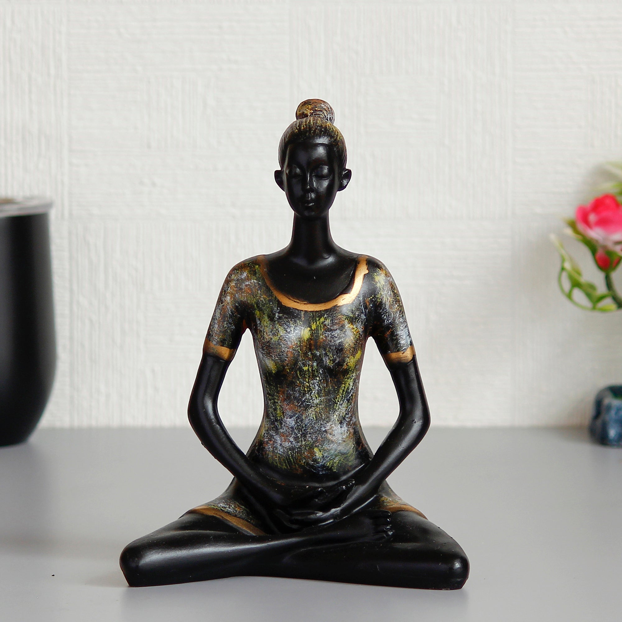 Grey and Black Polyresin Meditating lady in Padmasana - The Lotus Yoga Pose Decorative Showpiece