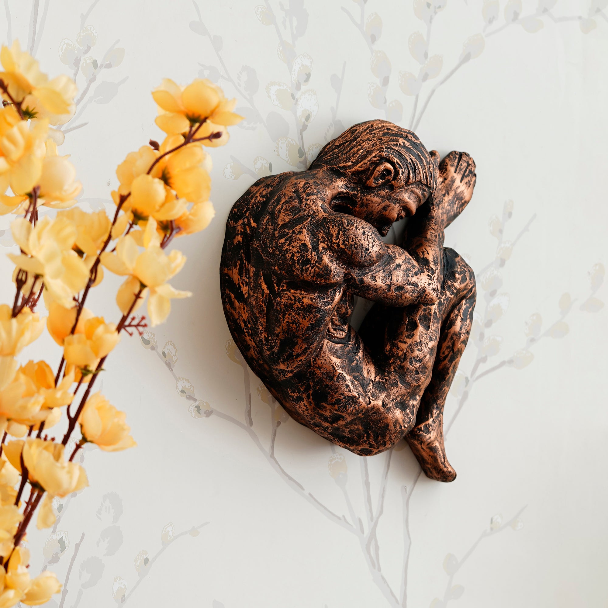Brown Polyresin Man Figurine Baby Positions in Mother Womb Pose Antique Finish Handcrafted Wall Decorative Showpiece 1