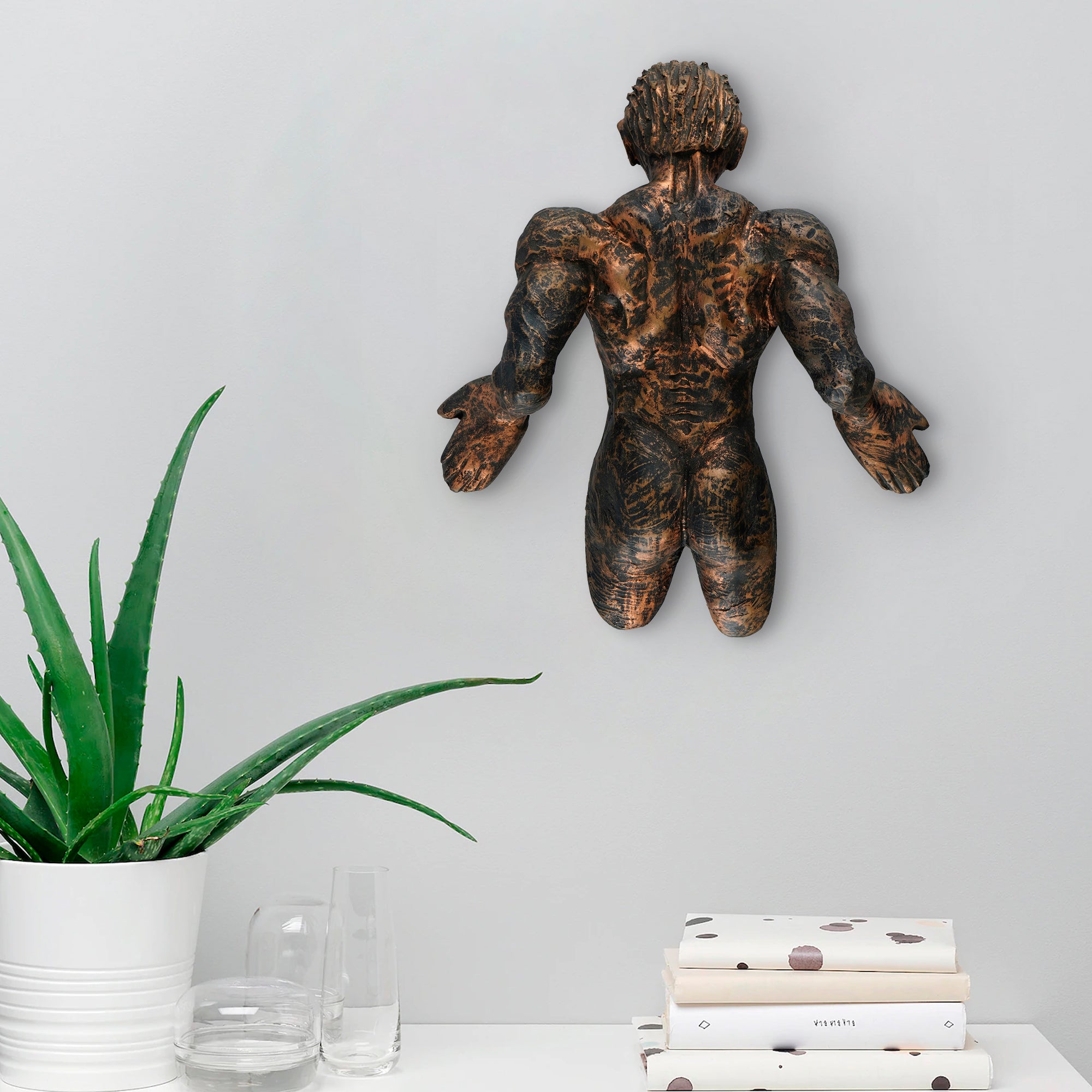 Brown Polyresin Man Pushing Wall Antique Finish Handcrafted Wall Decorative Showpiece 2