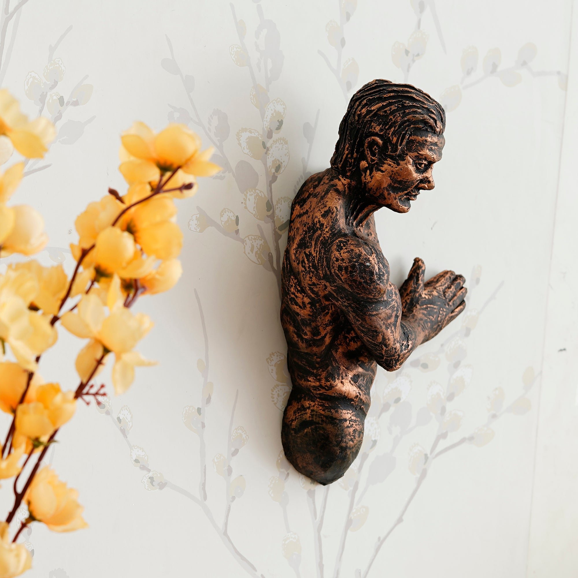 Brown Polyresin Man Coming Inside from Wall Antique Finish Handcrafted Wall Decorative Showpiece 1