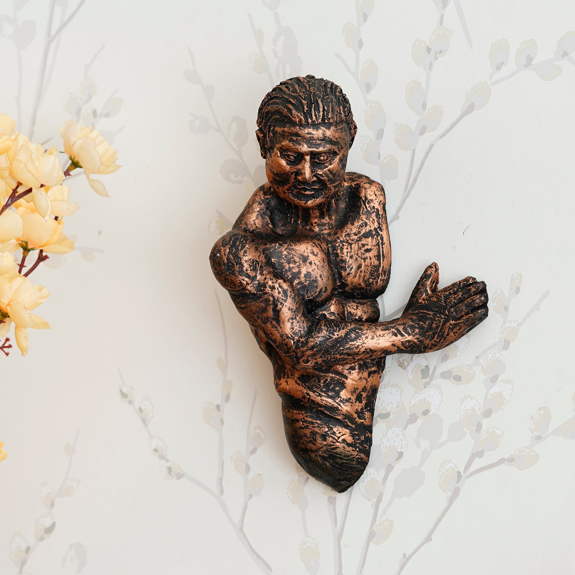 Brown Polyresin Man Coming Inside from Wall Antique Finish Handcrafted Wall Decorative Showpiece