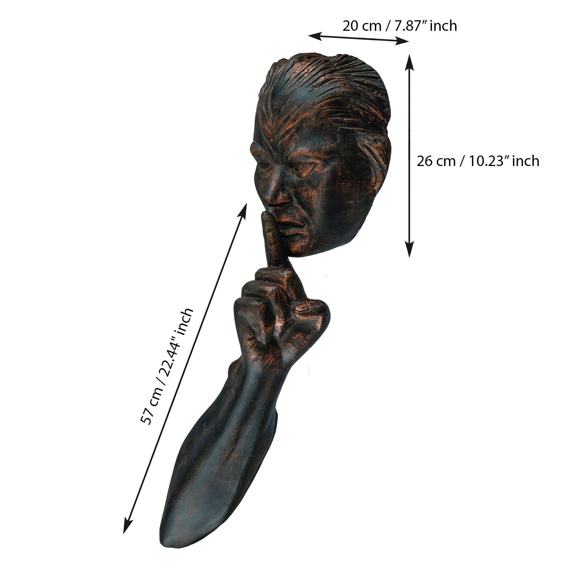 Black Polyresin Man Face with Hand in Silence Pose Antique Finish Handcrafted Wall Decorative Showpiece 3