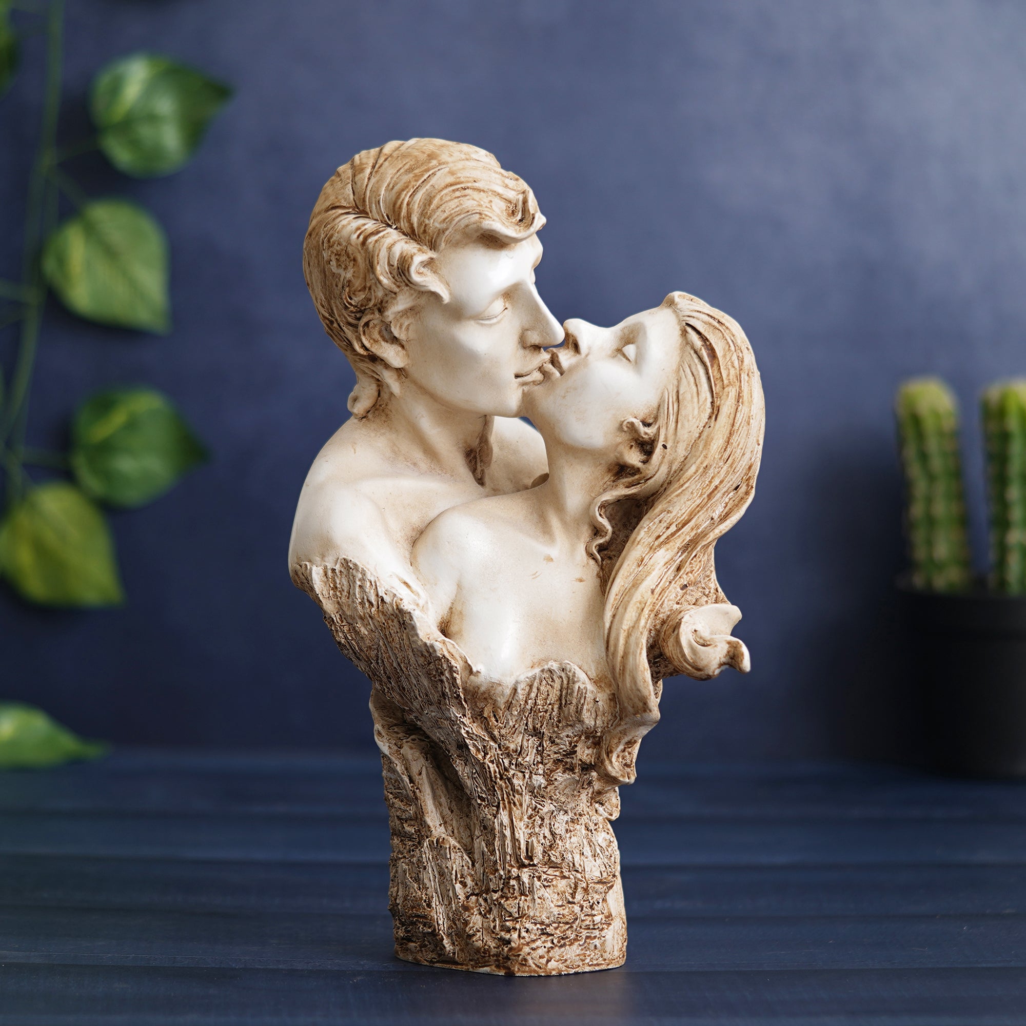 eCraftIndia White and Brown Polyresin Man and Woman Kissing Statue, Romantic Kissing Couple Figurine