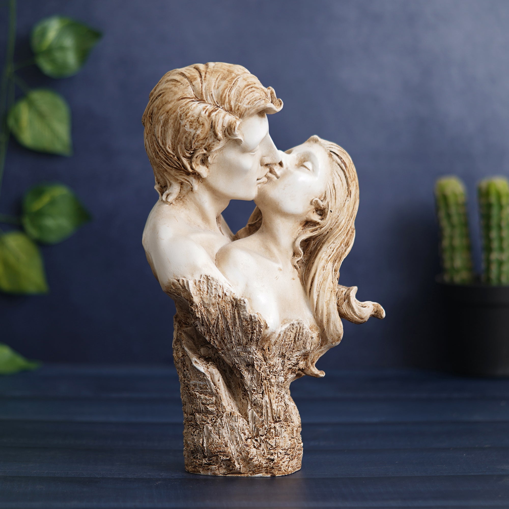 eCraftIndia White and Brown Polyresin Man and Woman Kissing Statue, Romantic Kissing Couple Figurine 1