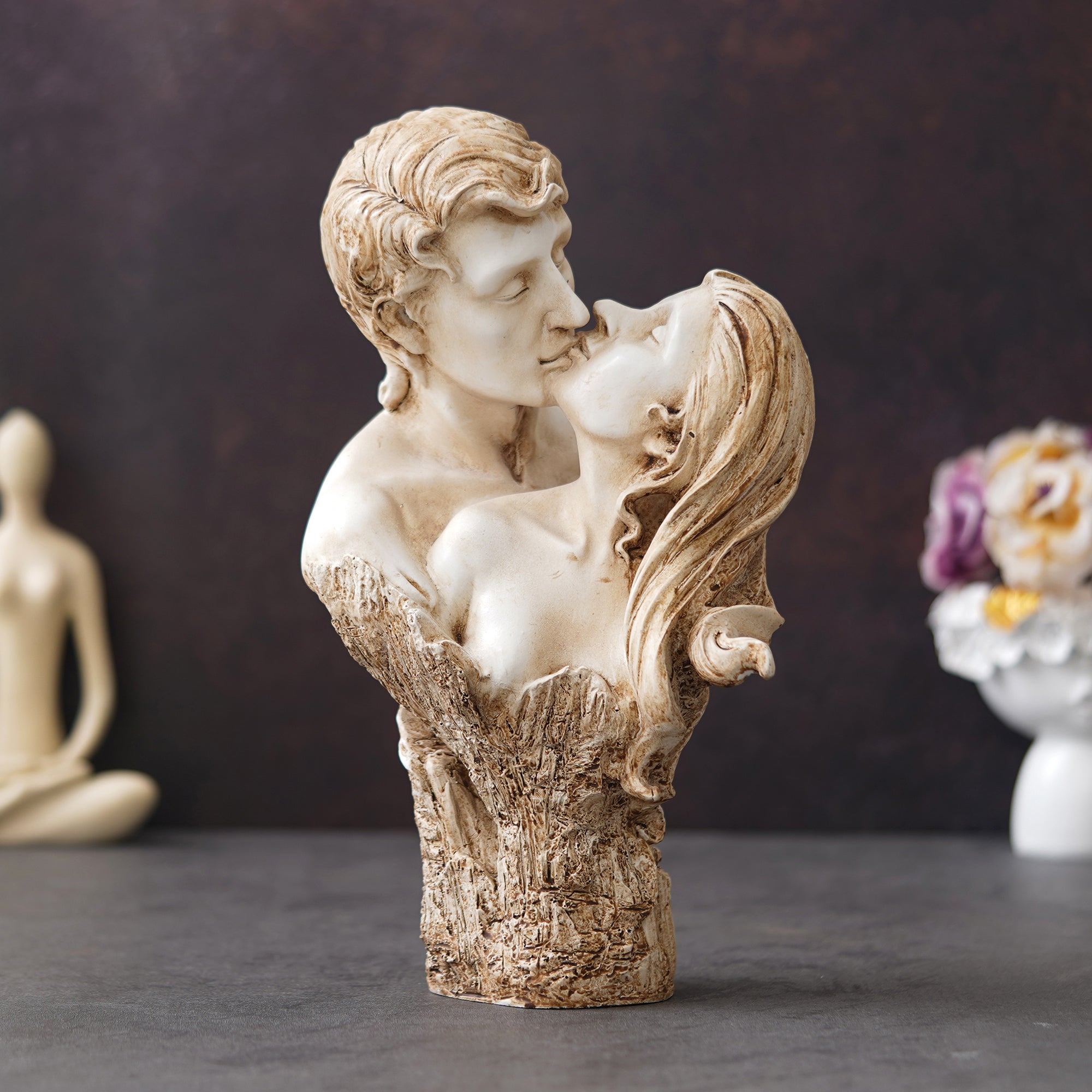eCraftIndia White and Brown Polyresin Man and Woman Kissing Statue, Romantic Kissing Couple Figurine 4