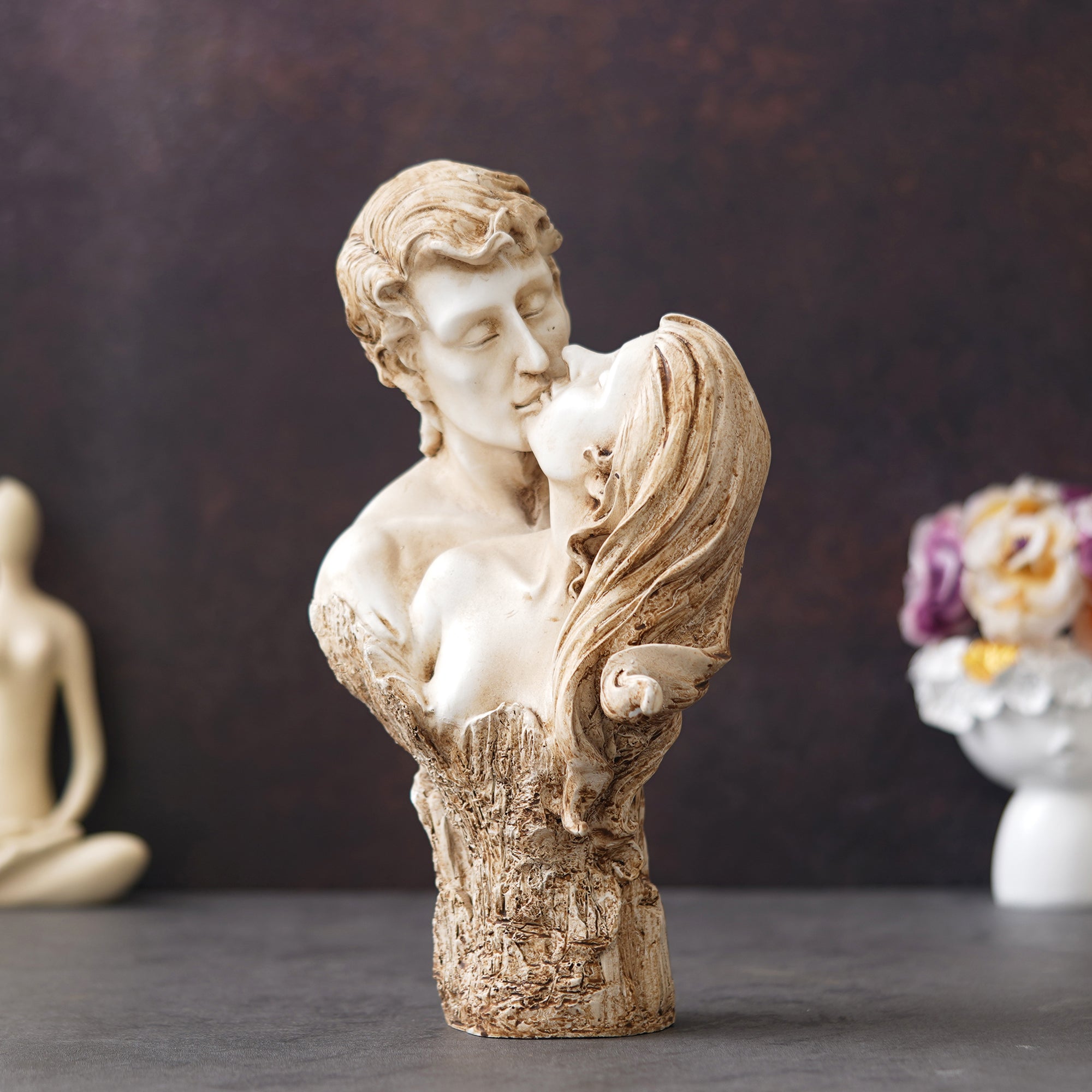 eCraftIndia White and Brown Polyresin Man and Woman Kissing Statue, Romantic Kissing Couple Figurine 5