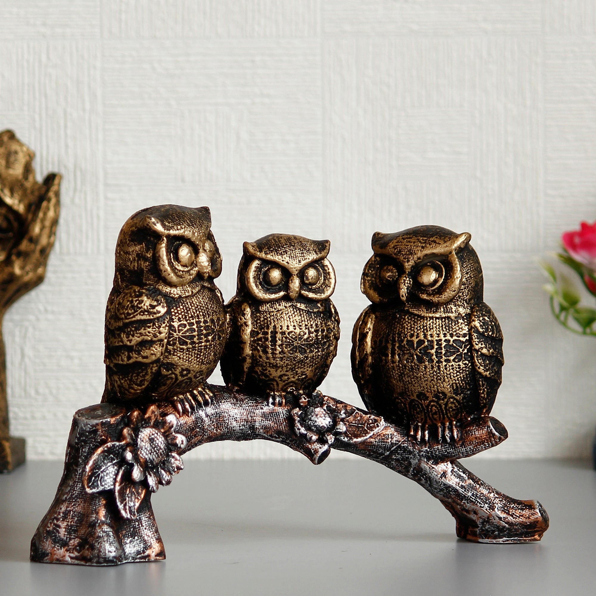 3 Owl Sitting on Branch Antique Finish Handcrafted Polyresin Decorative Showpiece 1