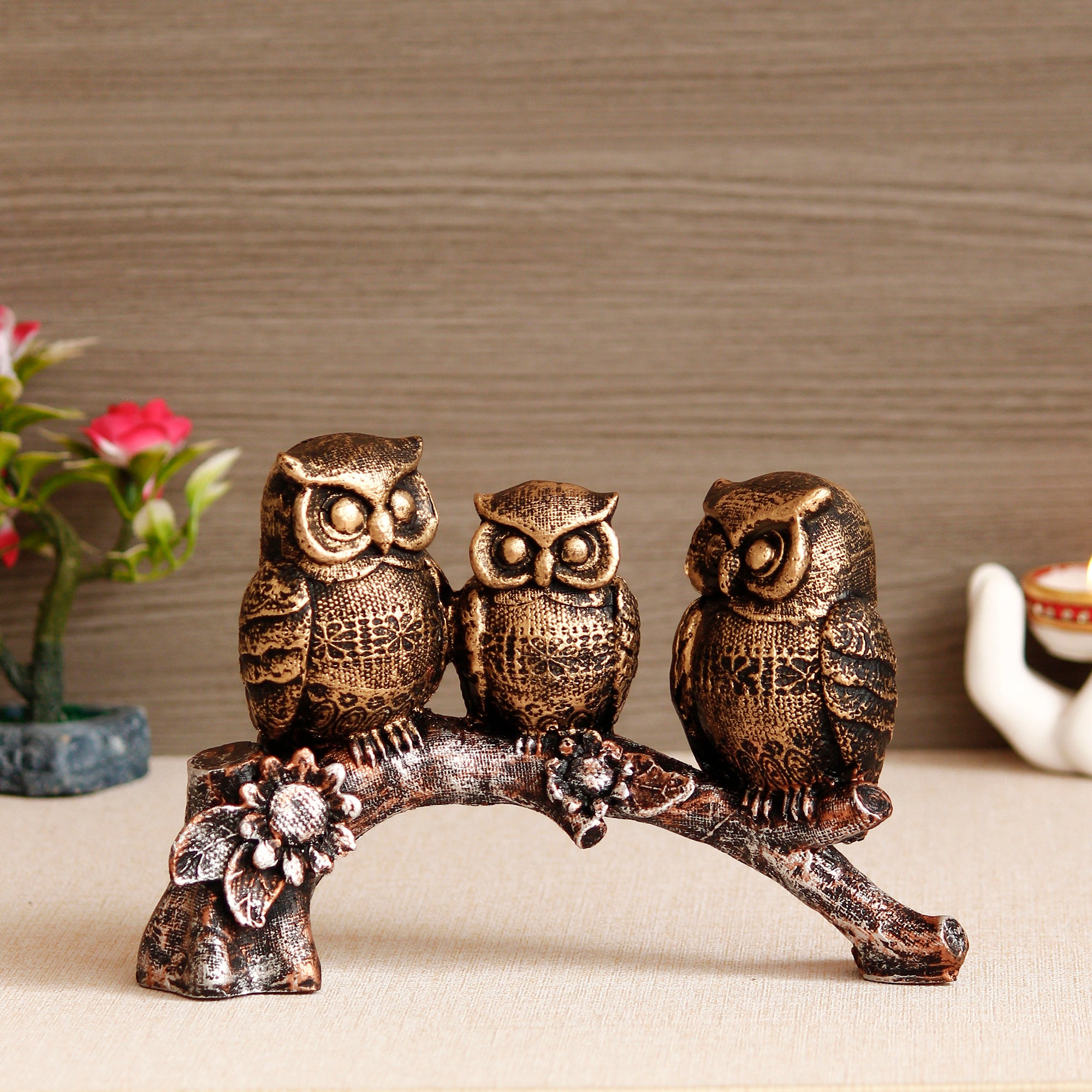 3 Owl Sitting on Branch Antique Finish Handcrafted Polyresin Decorative Showpiece