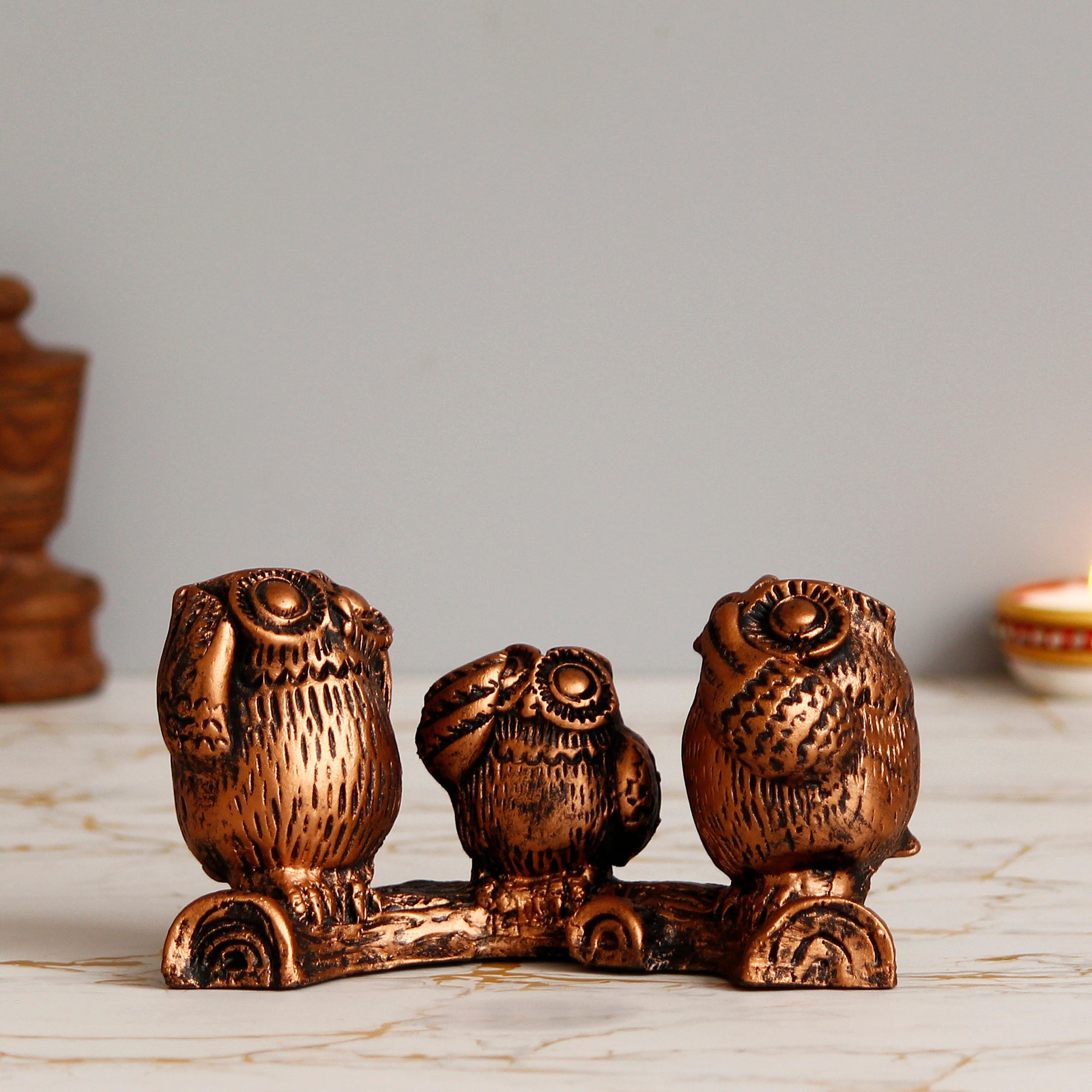 3 Owl Sitting on Branch Brown Handcrafted Polyresin Decorative Showpiece 1