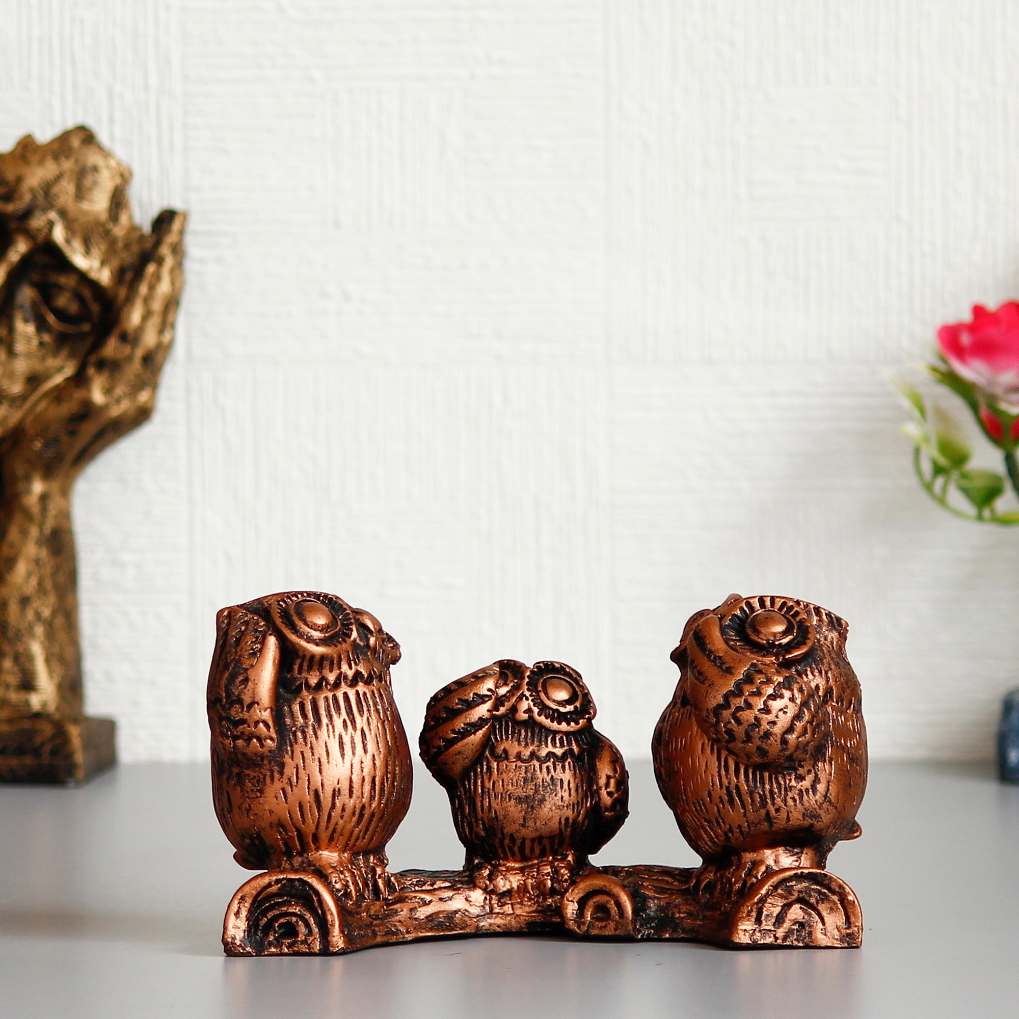3 Owl Sitting on Branch Brown Handcrafted Polyresin Decorative Showpiece