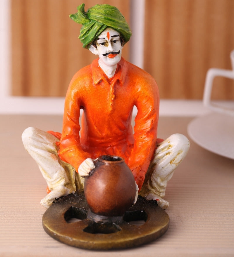 Polyresin Rajasthani Craftsman Statue Making Pot Handcrafted Decorative Showpiece(Orange and Green)