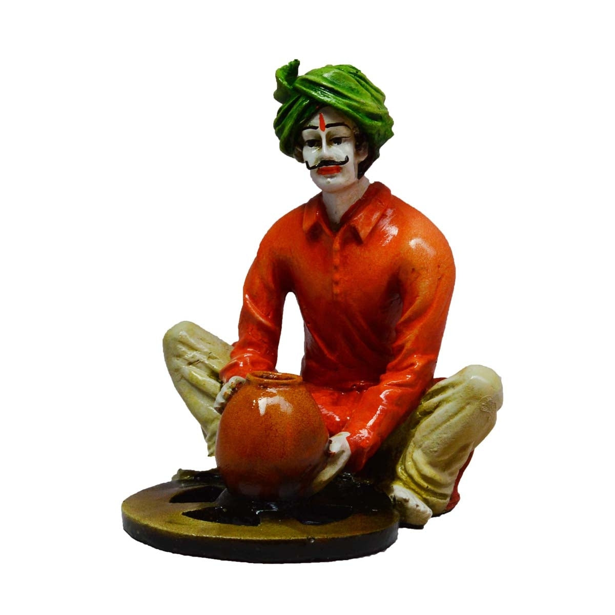Polyresin Rajasthani Craftsman Statue Making Pot Handcrafted Decorative Showpiece(Orange and Green) 1