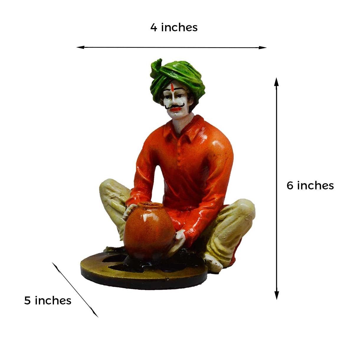 Polyresin Rajasthani Craftsman Statue Making Pot Handcrafted Decorative Showpiece(Orange and Green) 2