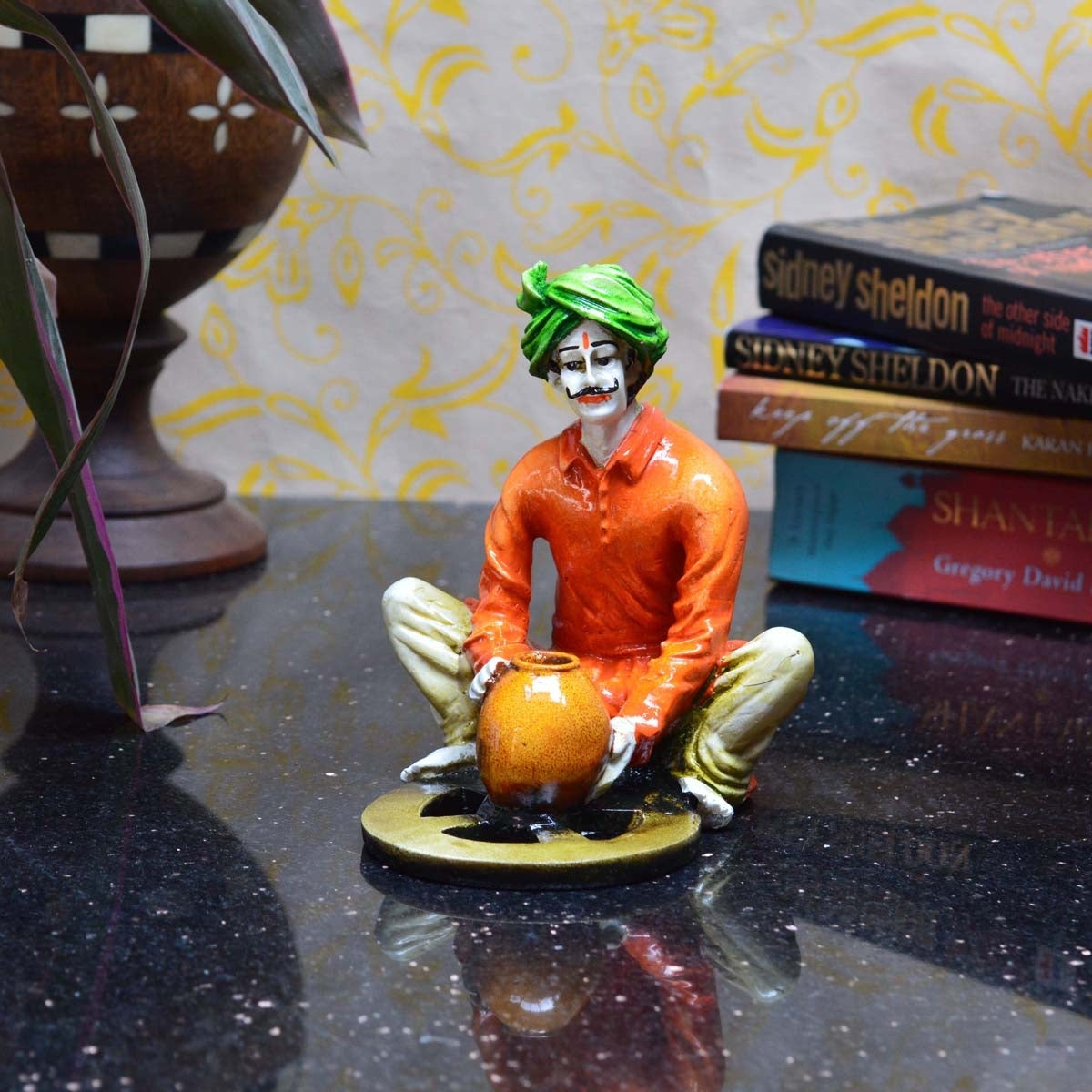 Polyresin Rajasthani Craftsman Statue Making Pot Handcrafted Decorative Showpiece(Orange and Green) 3