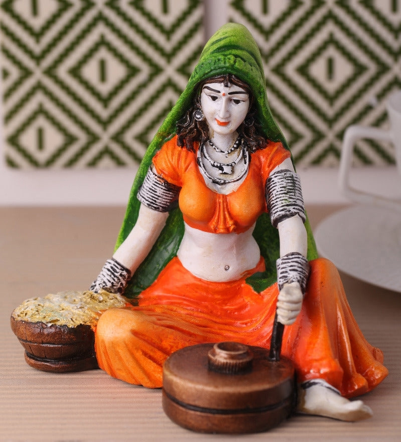 Polyresin Rajasthani Lady using Flour Machine Handcrafted Decorative Showpiece ( Orange, Green and Brown )