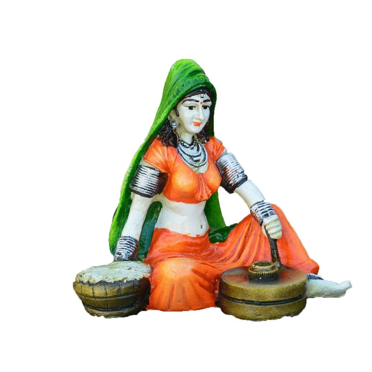 Polyresin Rajasthani Lady using Flour Machine Handcrafted Decorative Showpiece ( Orange, Green and Brown ) 1