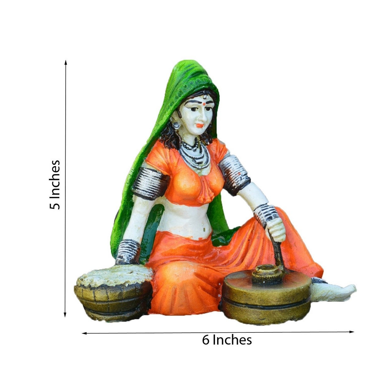 Polyresin Rajasthani Lady using Flour Machine Handcrafted Decorative Showpiece ( Orange, Green and Brown ) 2