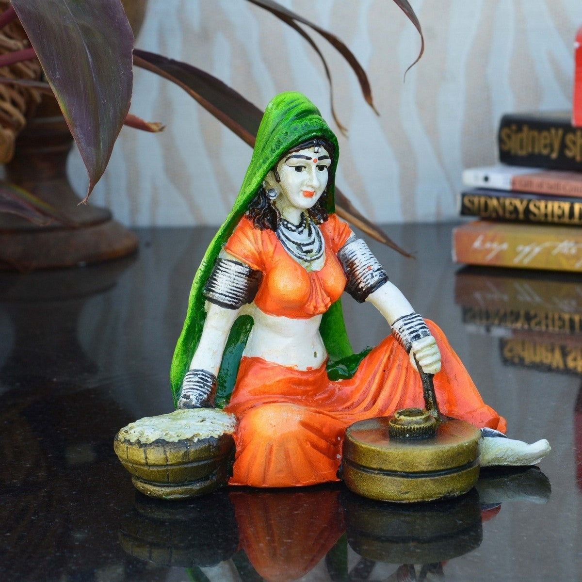 Polyresin Rajasthani Lady using Flour Machine Handcrafted Decorative Showpiece ( Orange, Green and Brown ) 3