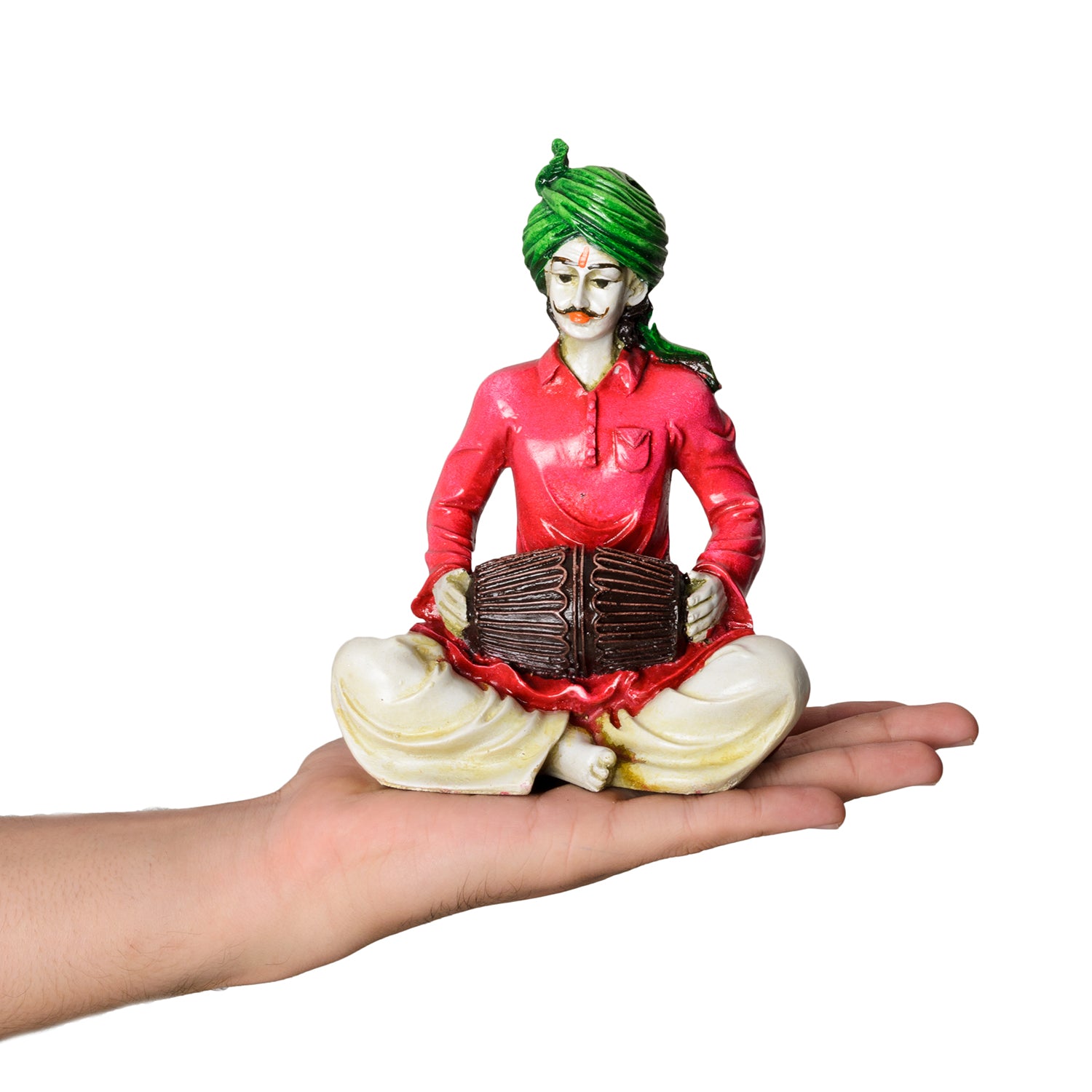 Polyresin Rajasthani Men Playing Dholak Handcrafted Decorative Showpiece (Pink and Green) 5