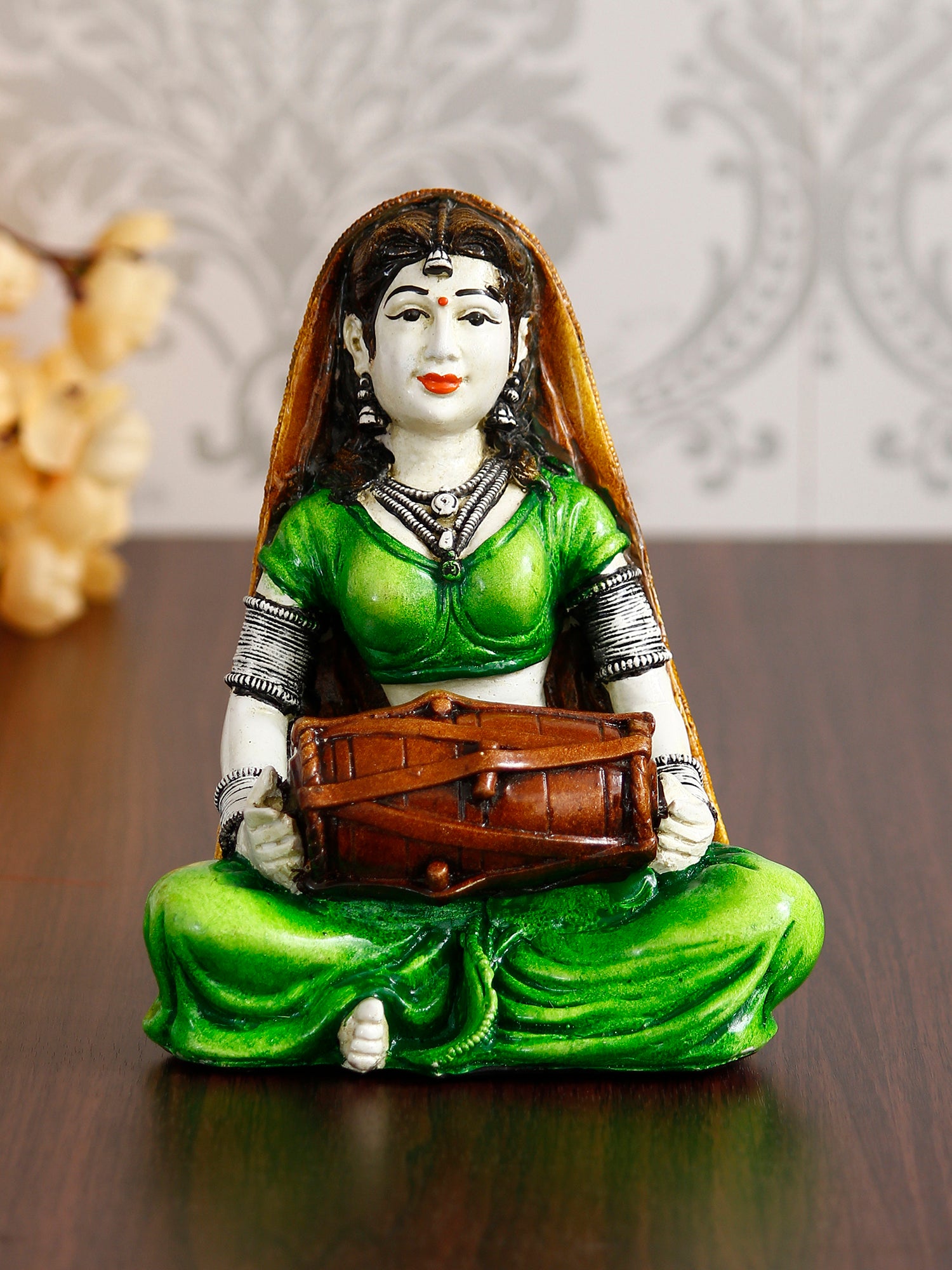 Rajasthani Lady Playing Dholak Handcrafted Decorative Polyresin Showpiece 1