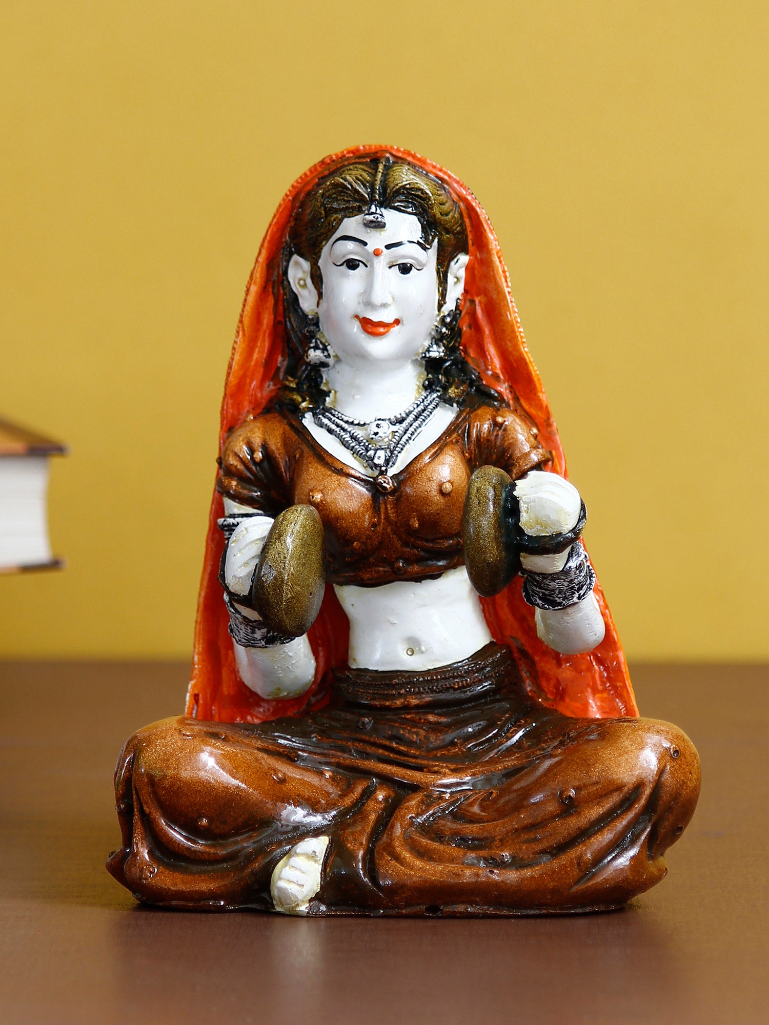Polyresin Rajasthani Women Statue Playing Hand Cymbals Decorative Human Figurines Home Decor Showpiece
