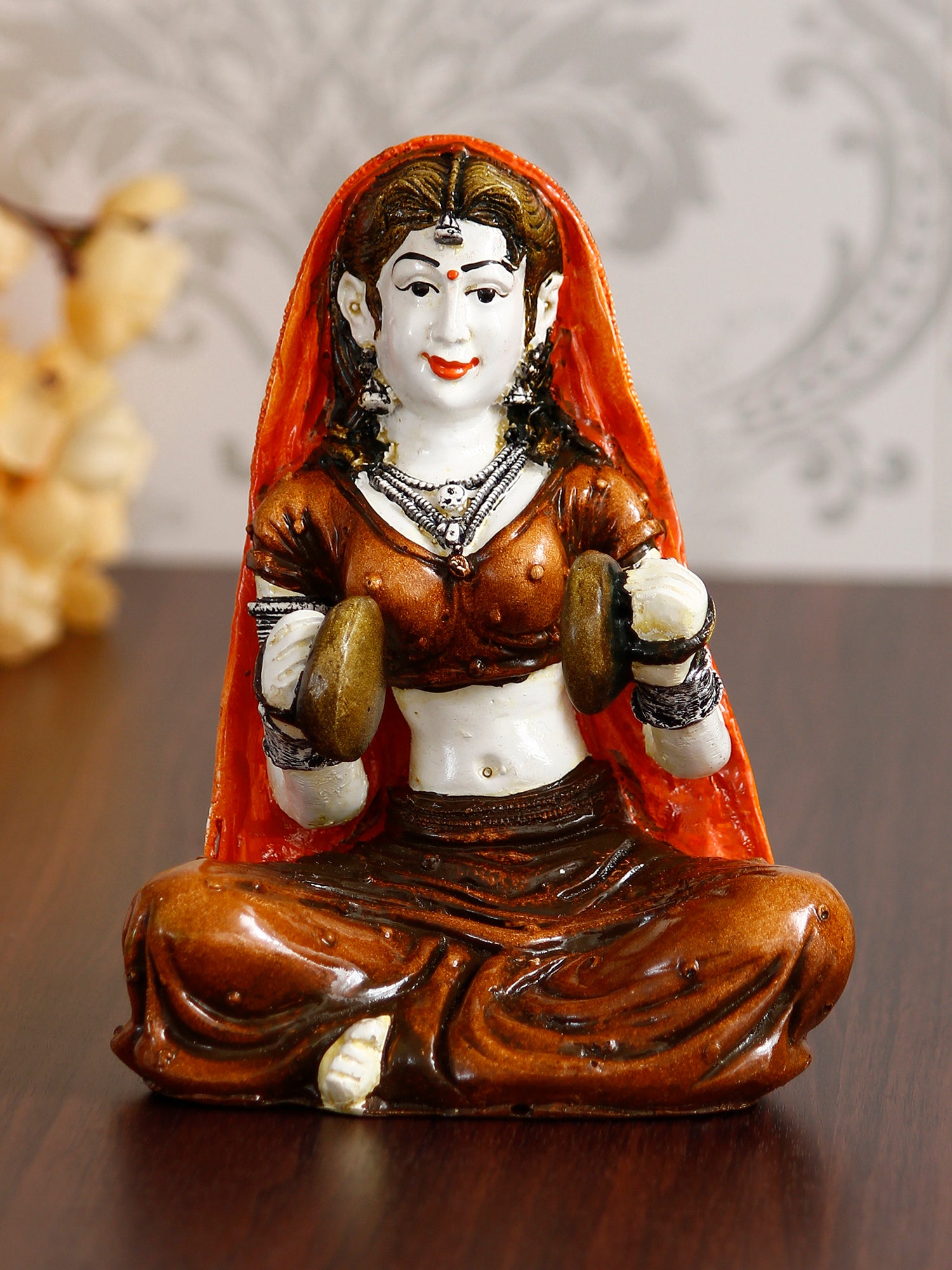 Polyresin Rajasthani Women Statue Playing Hand Cymbals Decorative Human Figurines Home Decor Showpiece 1