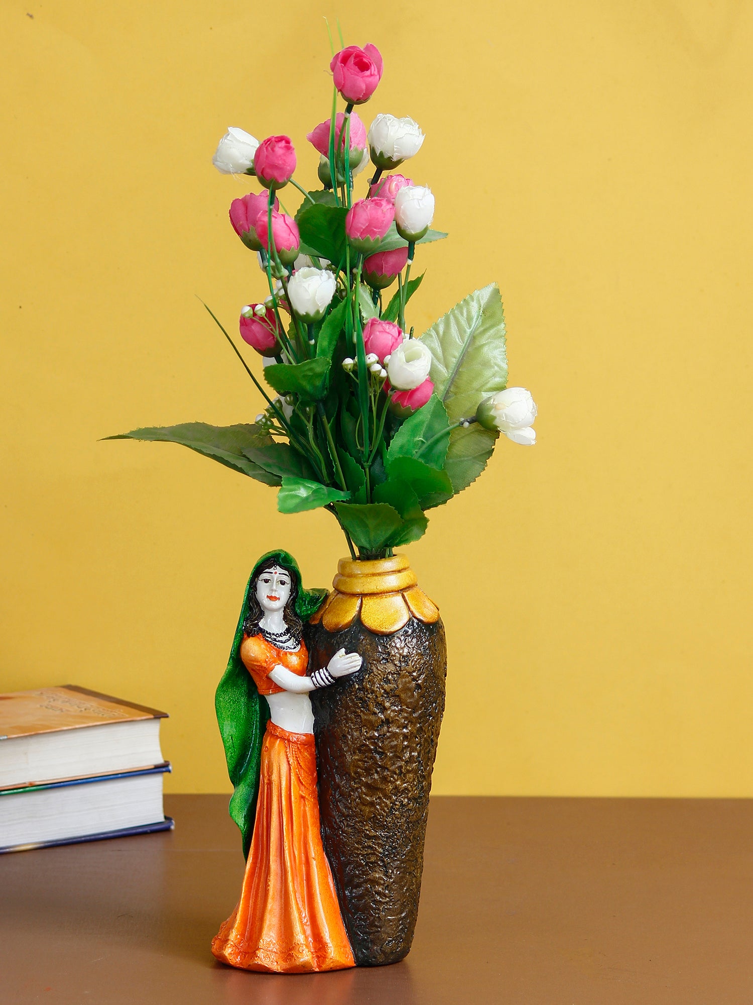Polyresin Rajasthani Lady Statue With Flower Pot Handcrafted Human Figurine Decorative Showpiece
