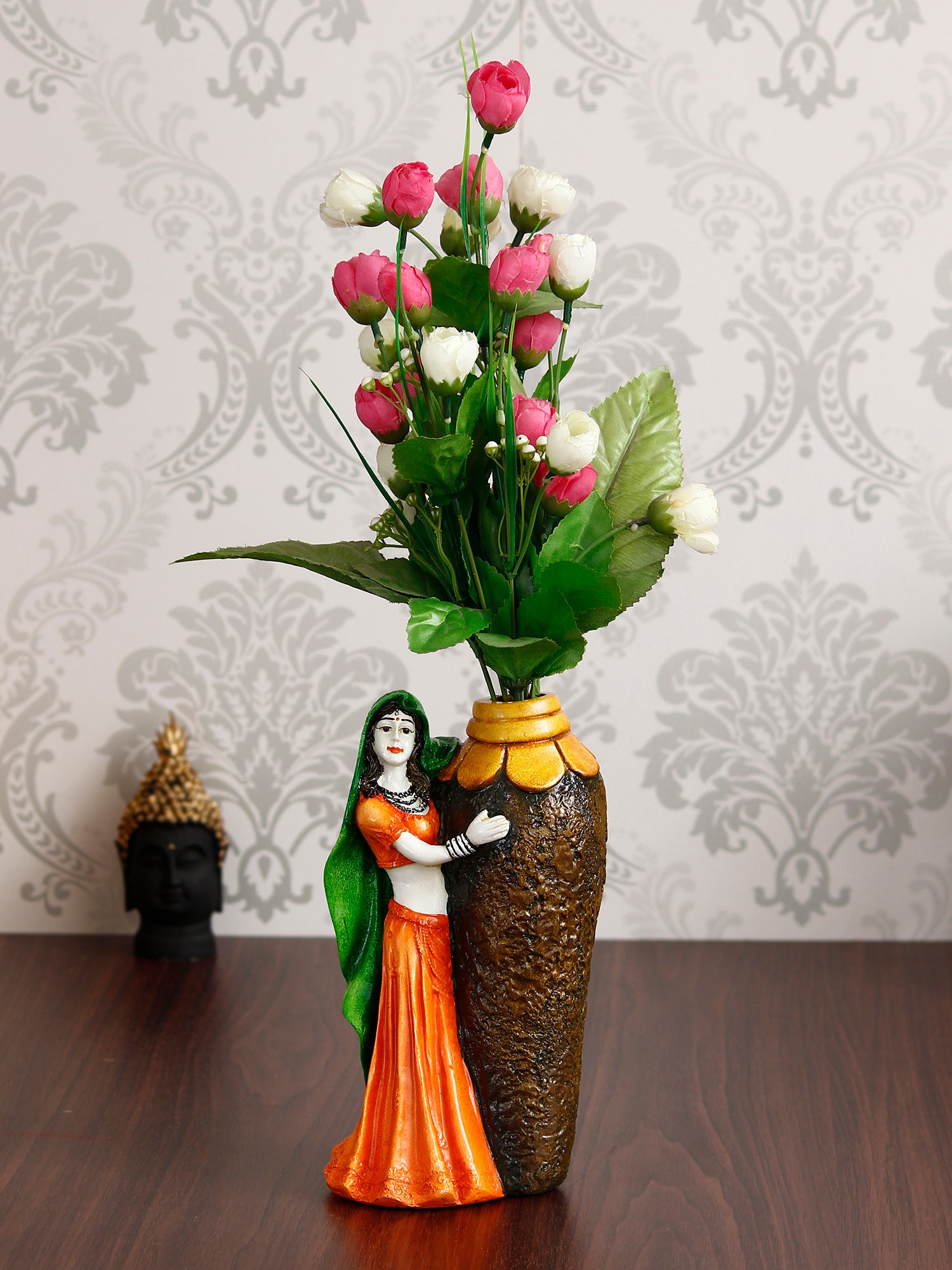 Polyresin Rajasthani Lady Statue With Flower Pot Handcrafted Human Figurine Decorative Showpiece 1