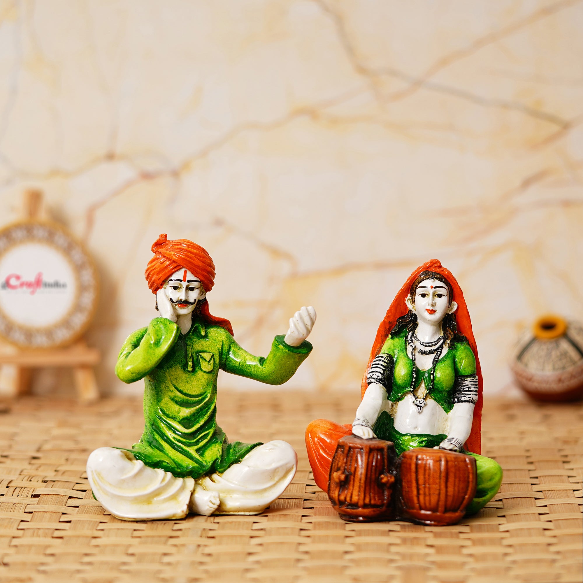 Colorful Combo of Rajasthani Craftsmen Singing and Lady Playing Musical Instrument Tabla Statue
