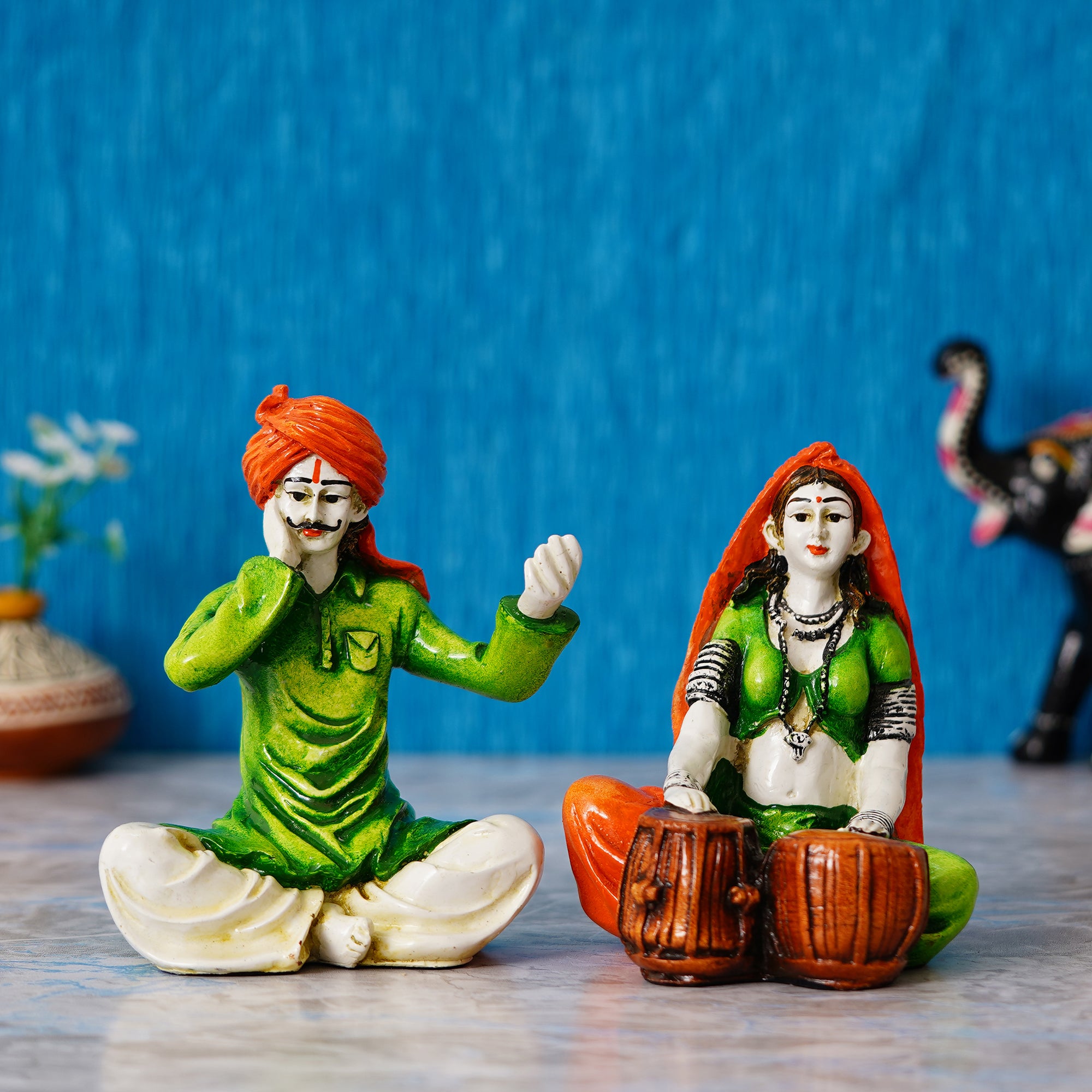 Colorful Combo of Rajasthani Craftsmen Singing and Lady Playing Musical Instrument Tabla Statue 1
