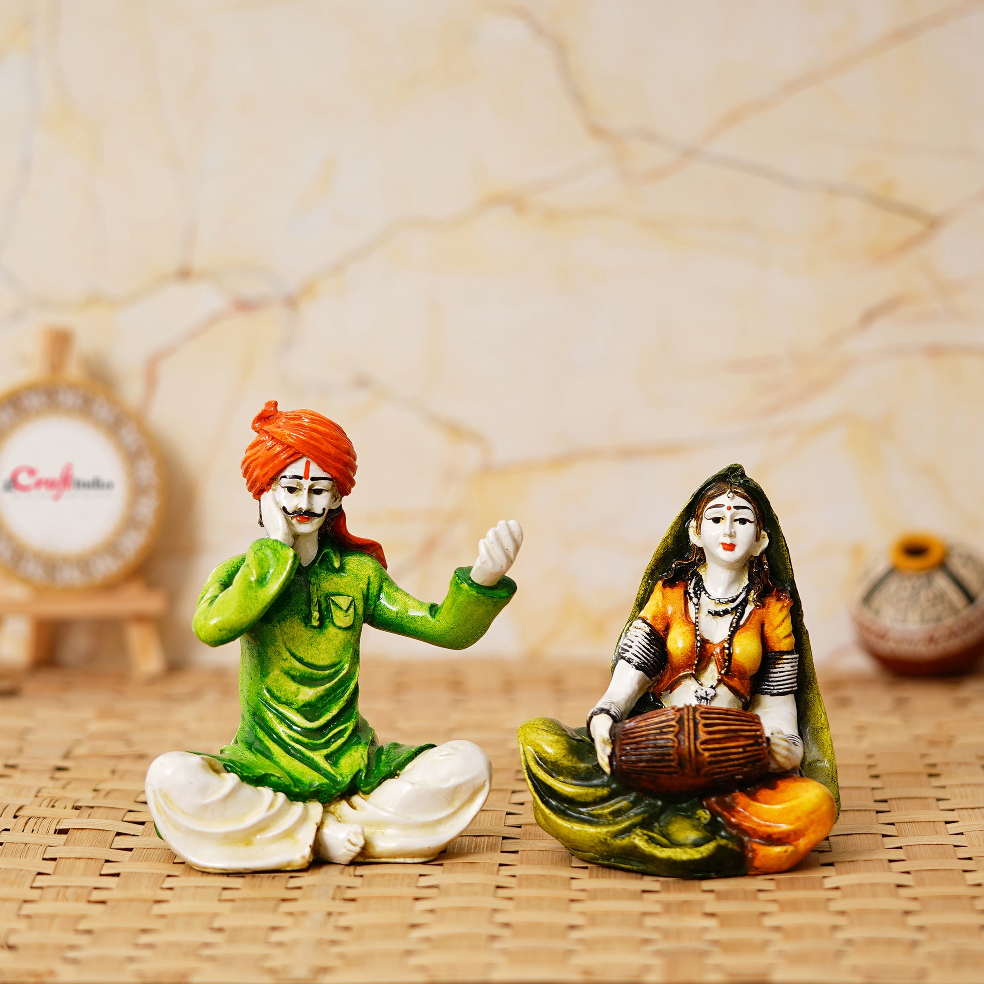 Colorful Combo of Rajasthani Craftsmen Singing and Lady Playing Musical Instrument Dholak Statue