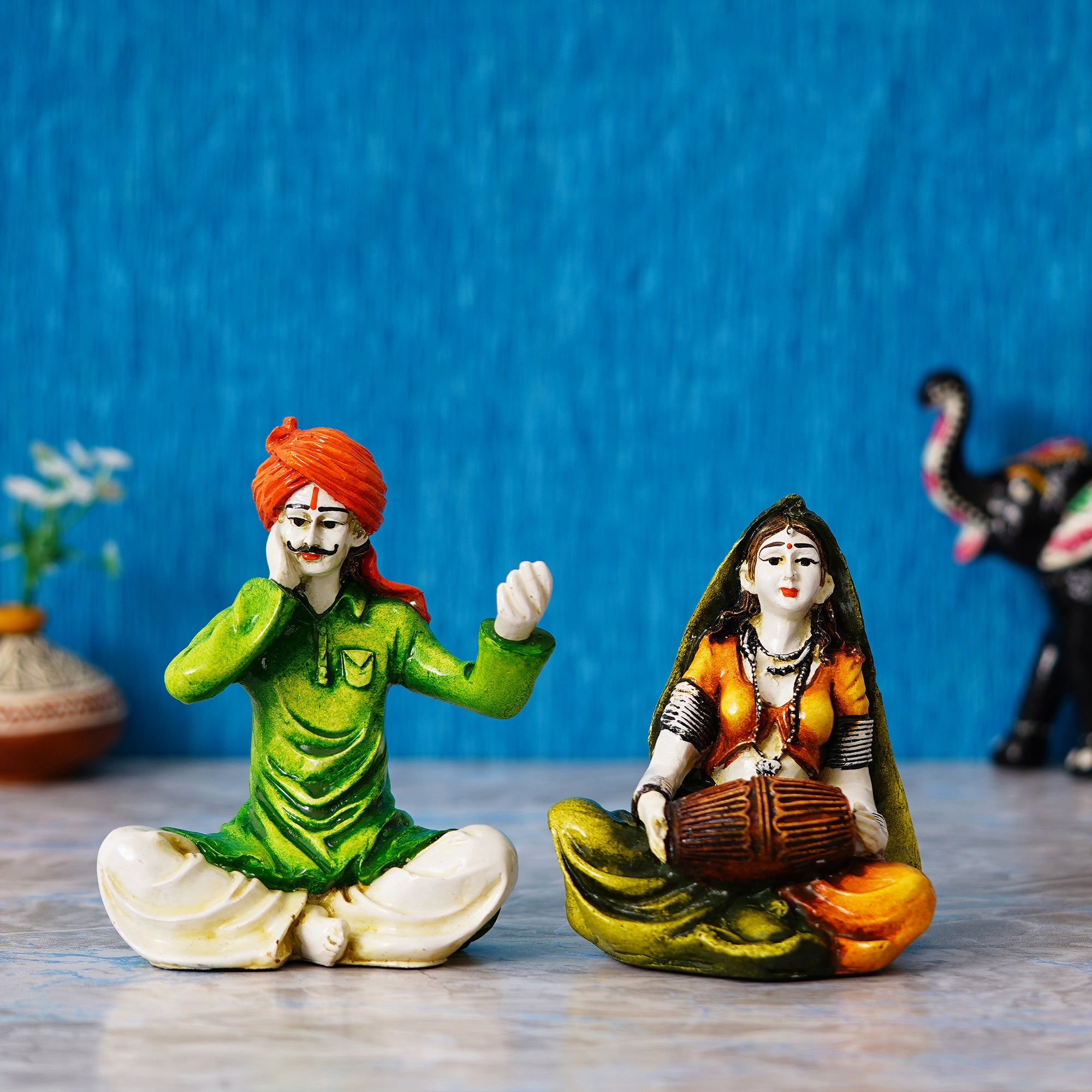 Colorful Combo of Rajasthani Craftsmen Singing and Lady Playing Musical Instrument Dholak Statue 1