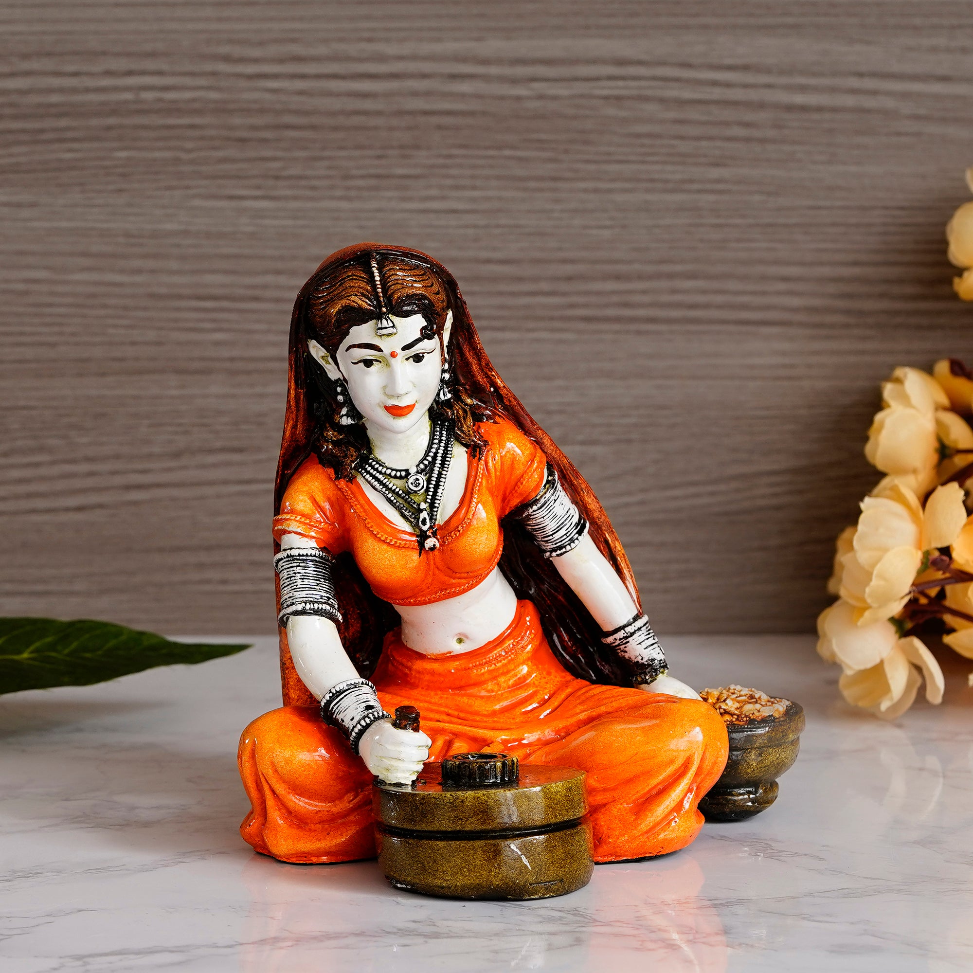 Polyresin Rajasthani Women Statue Using Traditional Flour Mill Handcrafted Human Figurine Decorative Showpiece 1