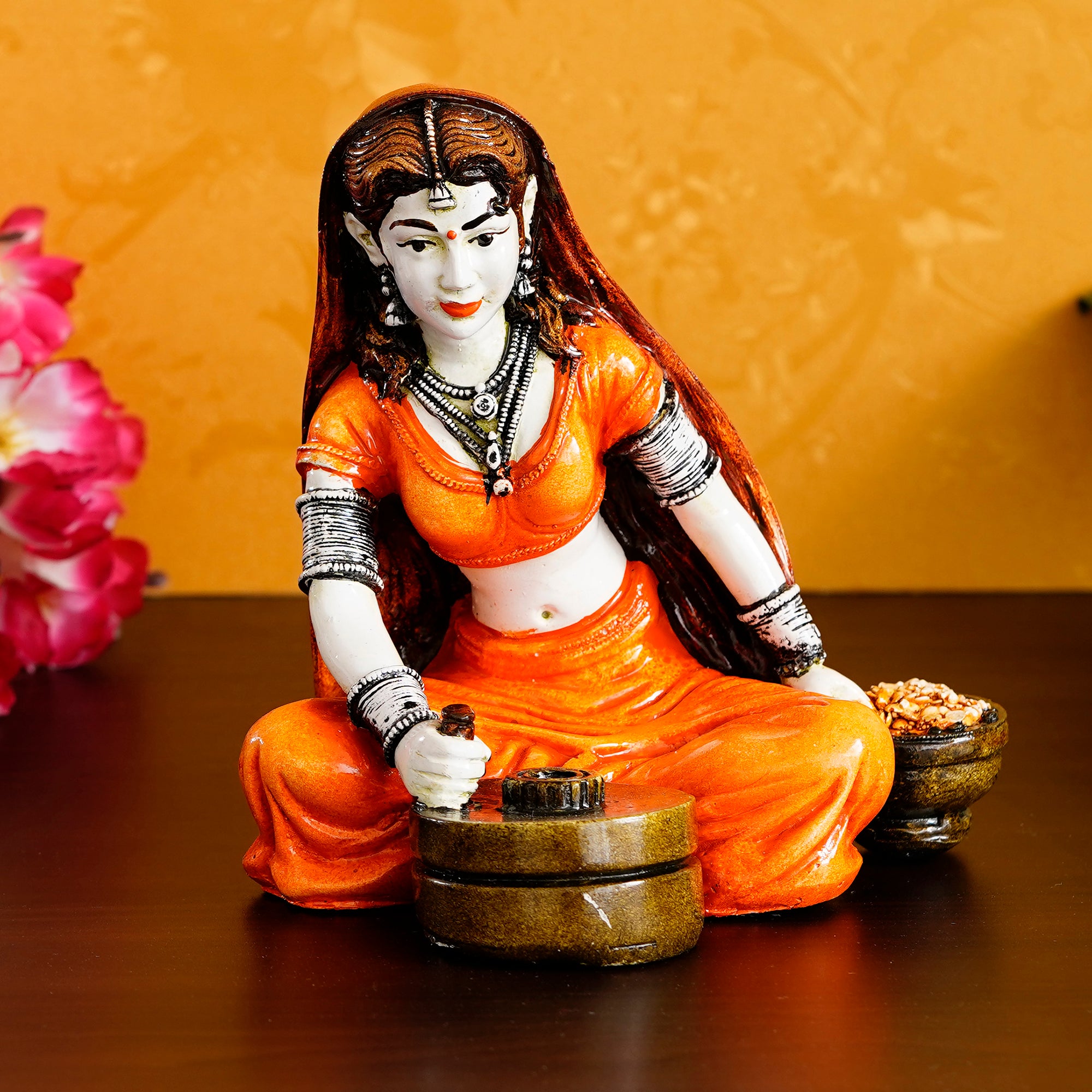 Polyresin Rajasthani Women Statue Using Traditional Flour Mill Handcrafted Human Figurine Decorative Showpiece