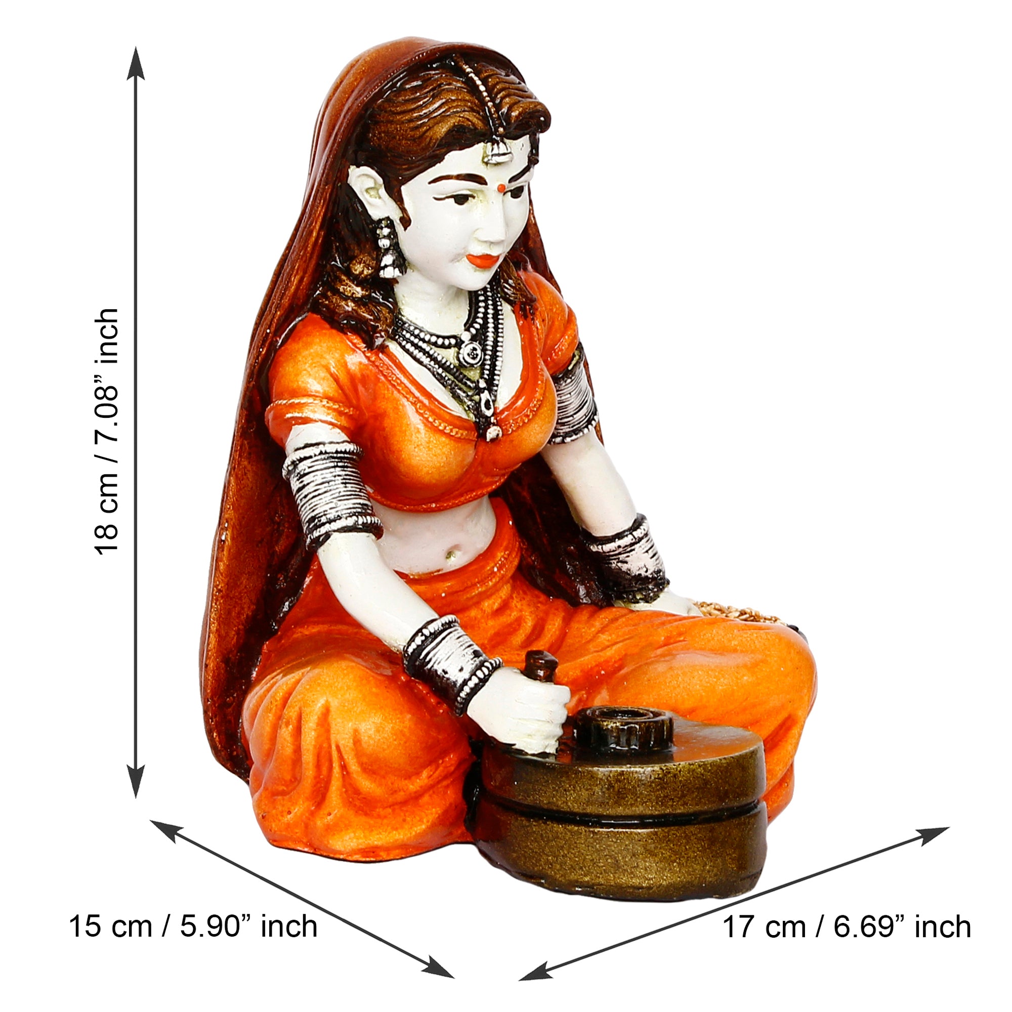 Polyresin Rajasthani Women Statue Using Traditional Flour Mill Handcrafted Human Figurine Decorative Showpiece 3