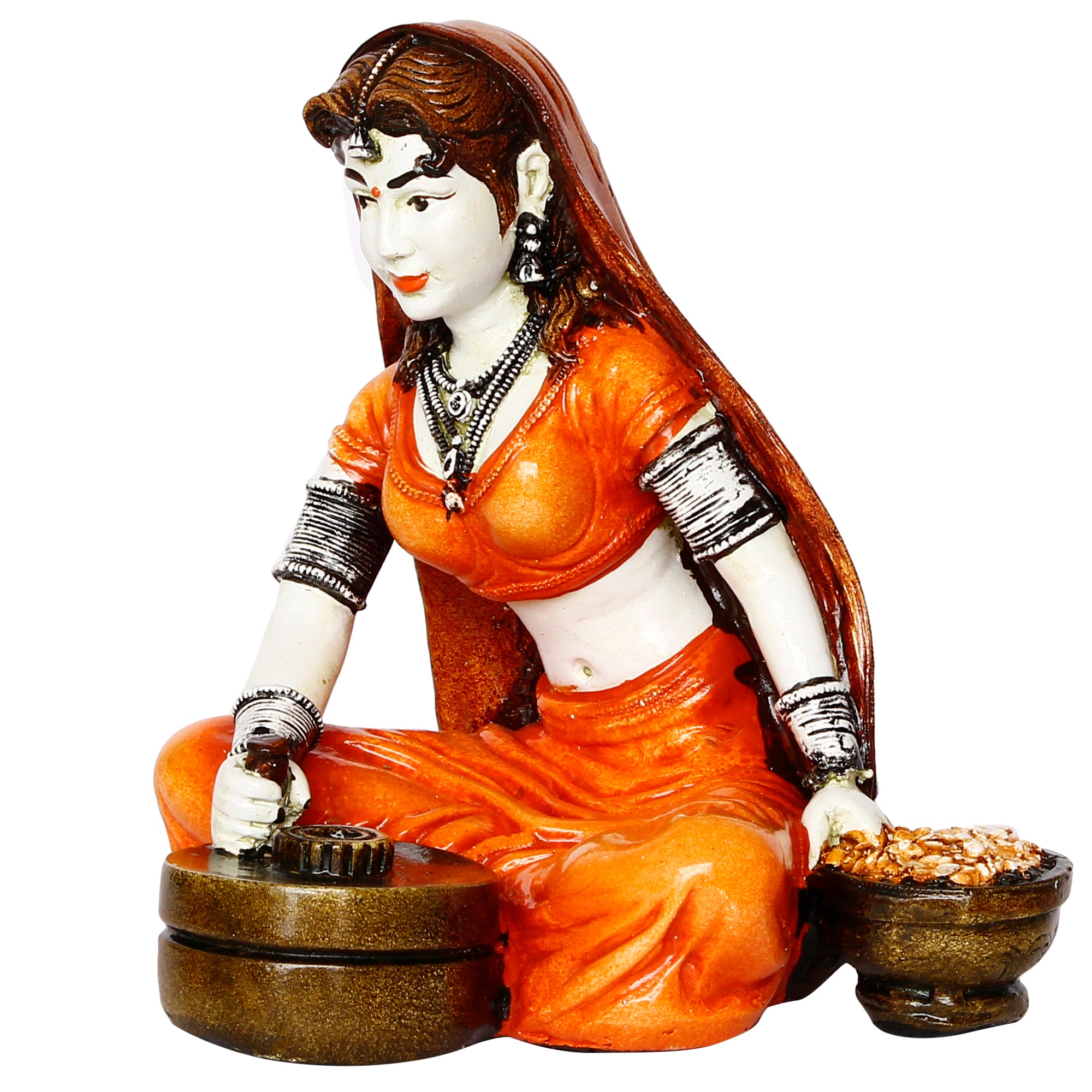 Polyresin Rajasthani Women Statue Using Traditional Flour Mill Handcrafted Human Figurine Decorative Showpiece 4