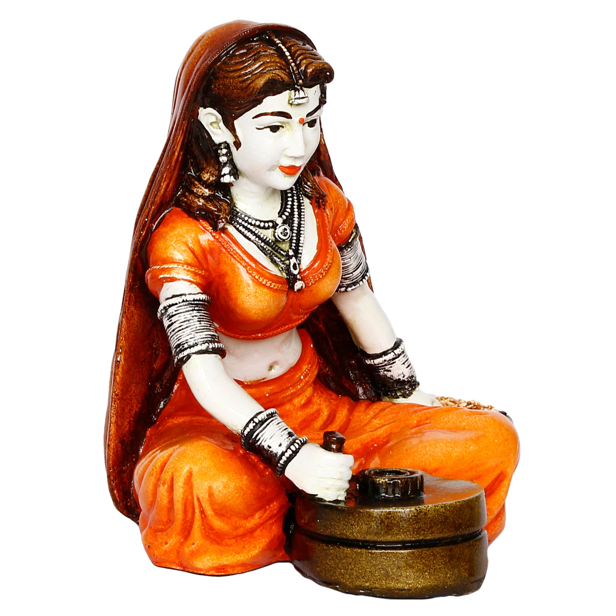 Polyresin Rajasthani Women Statue Using Traditional Flour Mill Handcrafted Human Figurine Decorative Showpiece 5