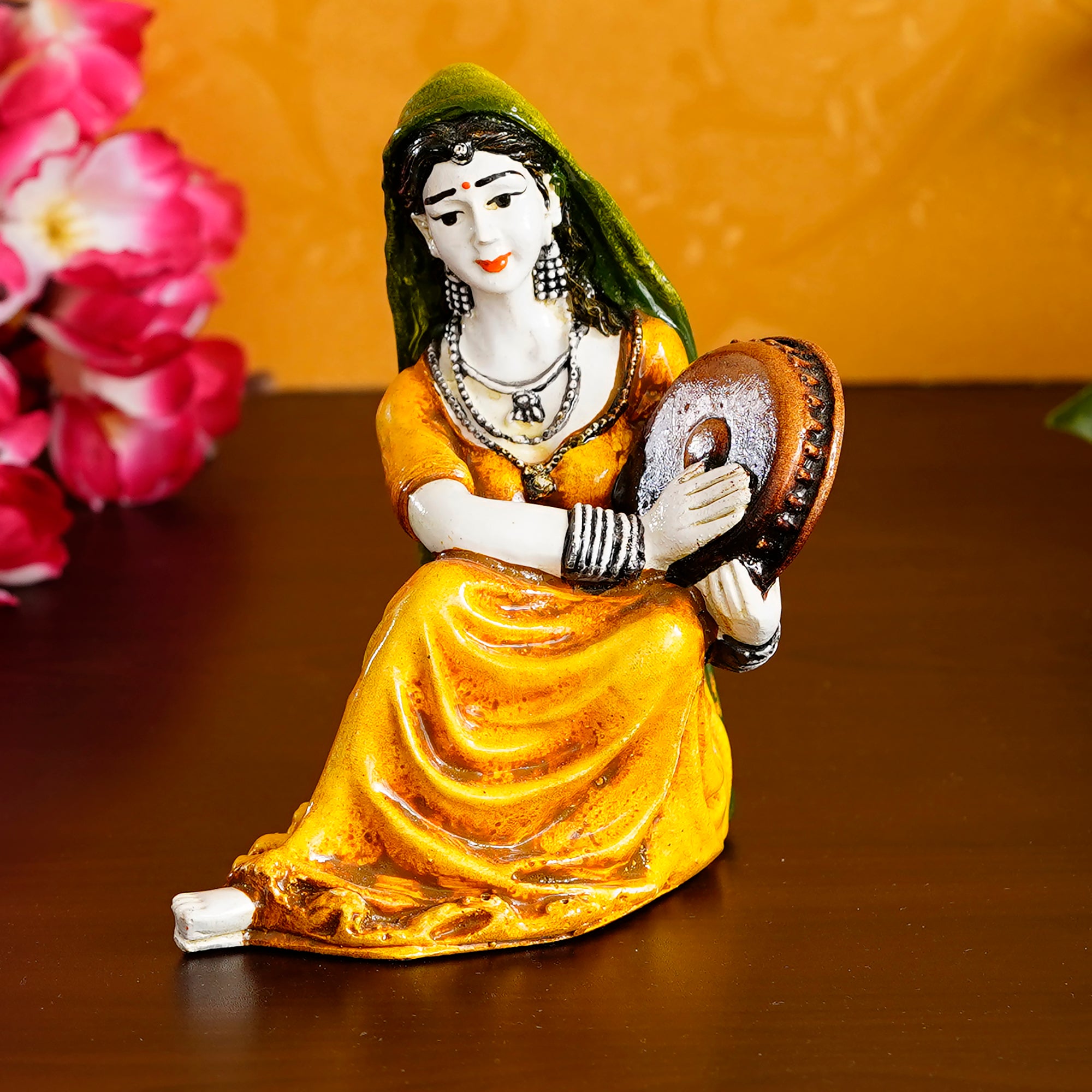 Polyresin Rajasthani Women Statue Playing Musical Instrument Handcrafted Human Figurine Decorative Showpiece 1