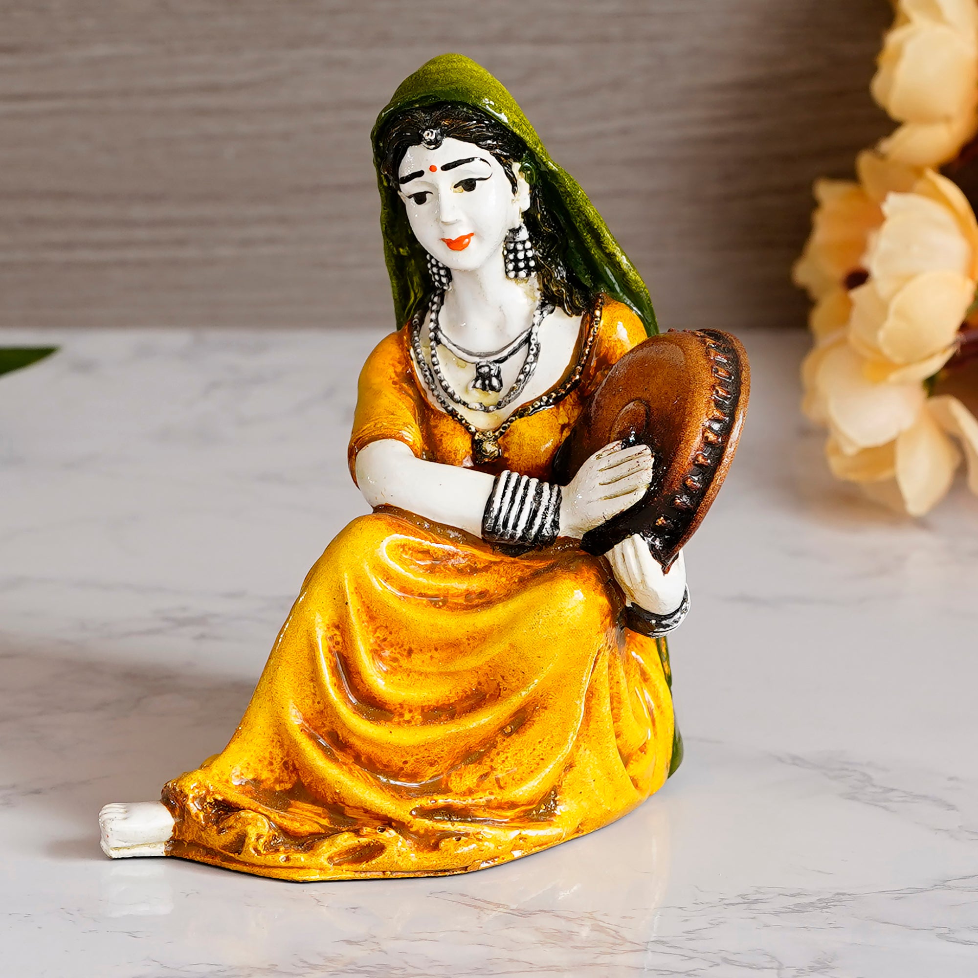 Polyresin Rajasthani Women Statue Playing Musical Instrument Handcrafted Human Figurine Decorative Showpiece