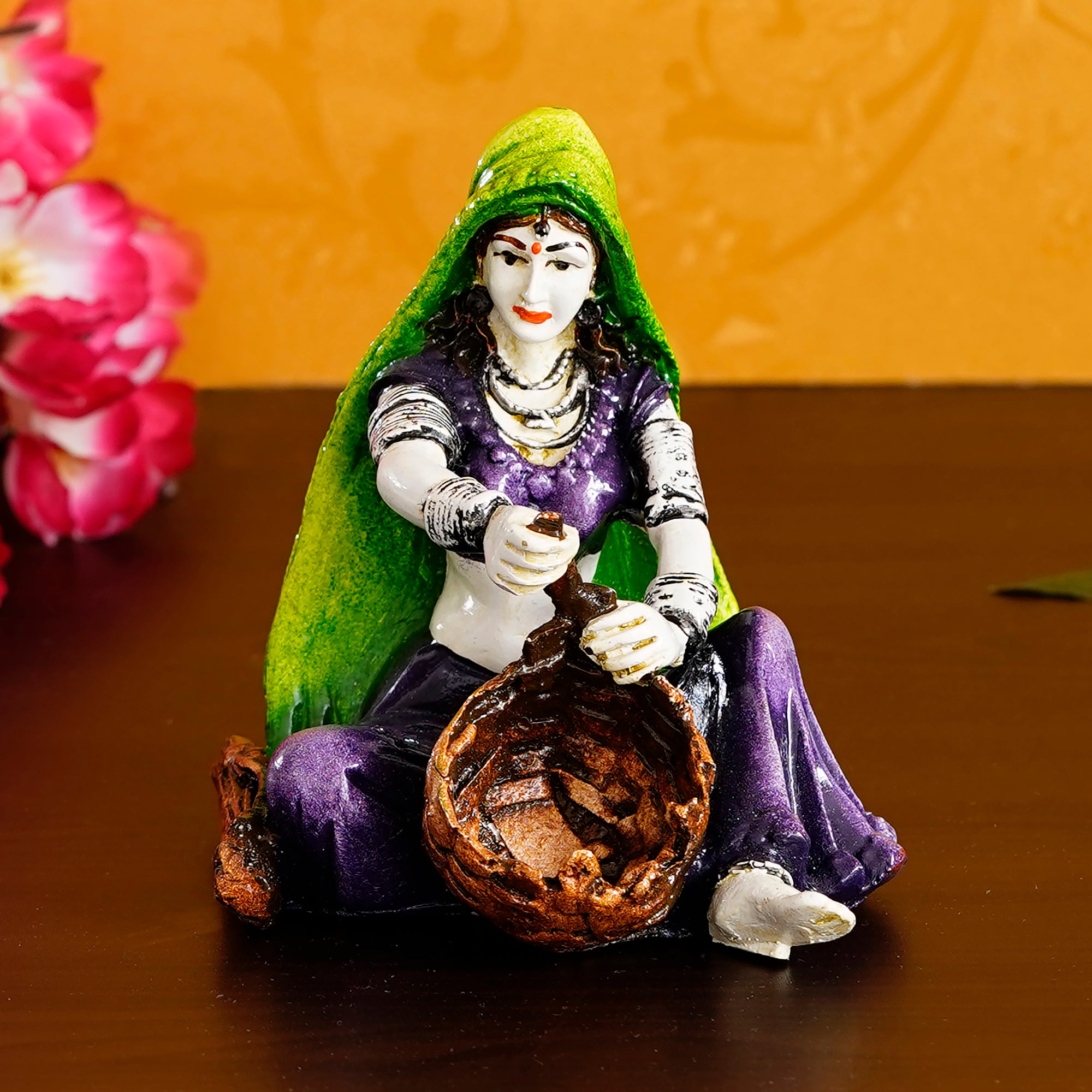 Polyresin Rajasthani Lady Creating Craft Product Handcrafted Human Figurine Decorative Showpiece