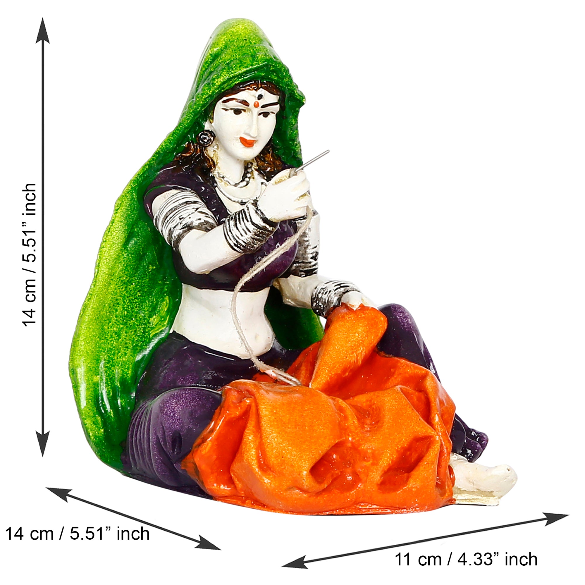 Polyresin Rajasthani Women Statue Stitching Clothes Handcrafted Human Figurine Decorative Showpiece 3