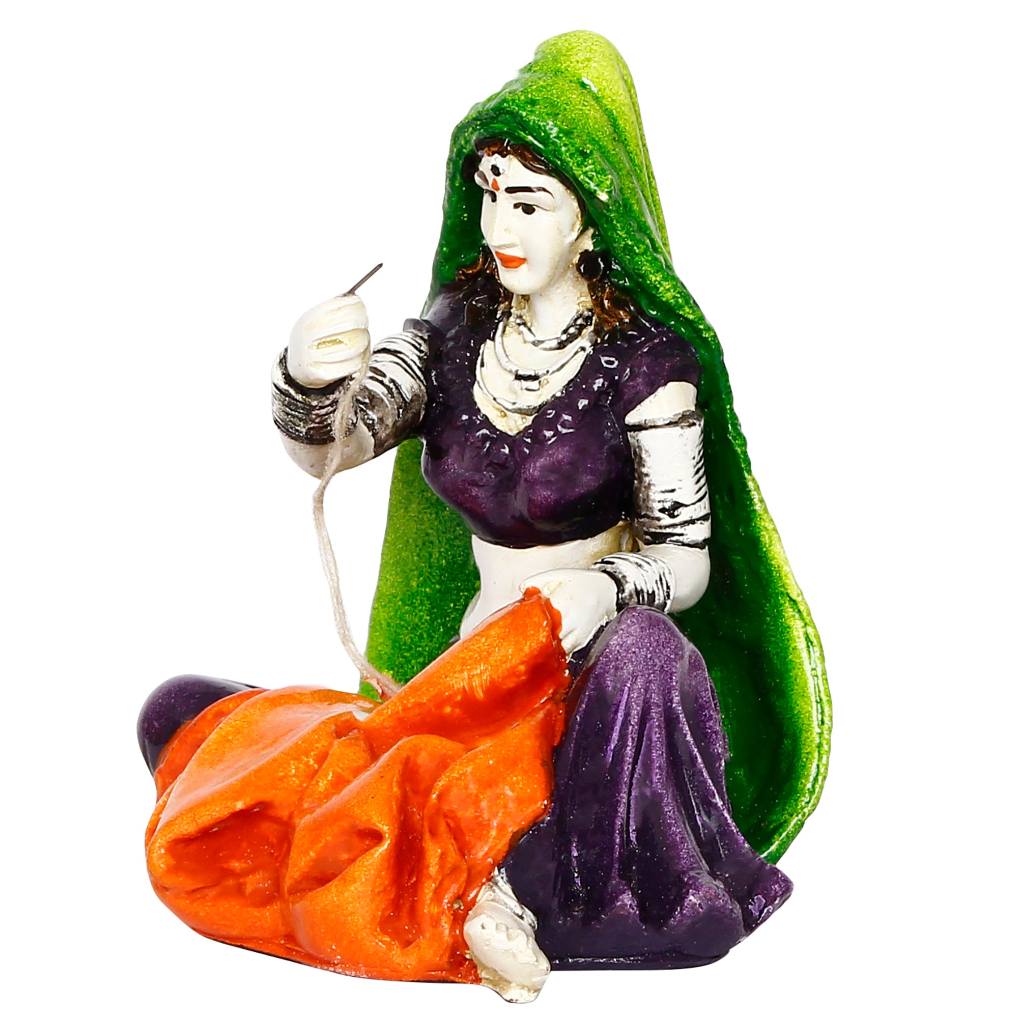 Polyresin Rajasthani Women Statue Stitching Clothes Handcrafted Human Figurine Decorative Showpiece 4