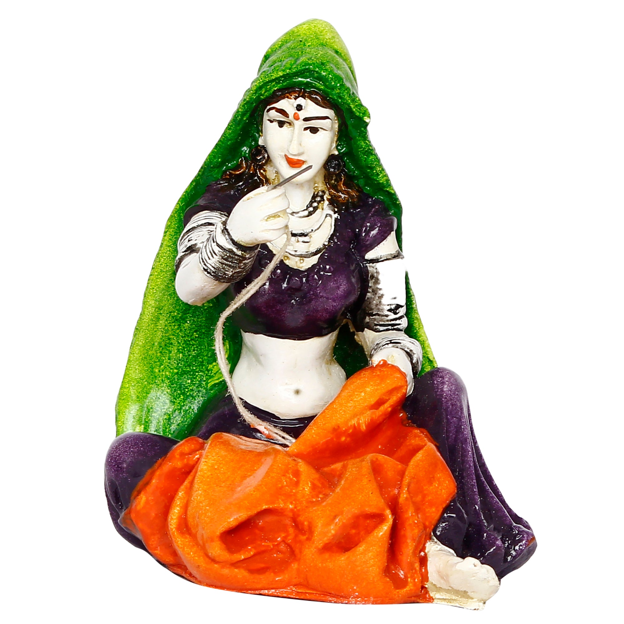 Polyresin Rajasthani Women Statue Stitching Clothes Handcrafted Human Figurine Decorative Showpiece 5
