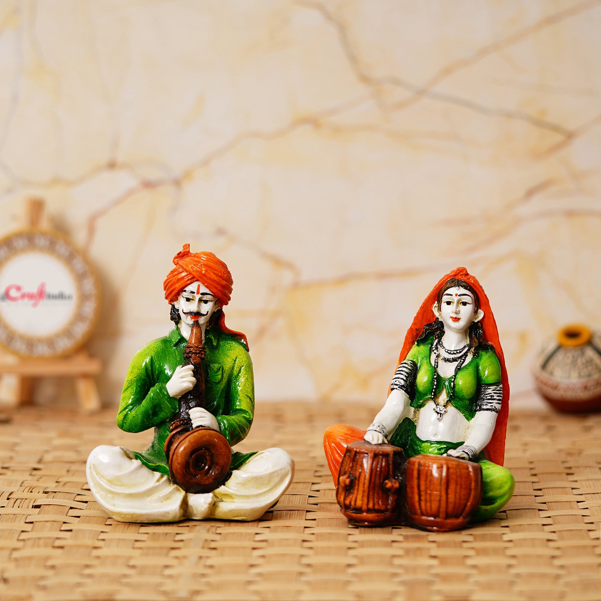 Colorful Combo of Rajasthani Craftsmen and Lady Playing a Musical Instrument Statue