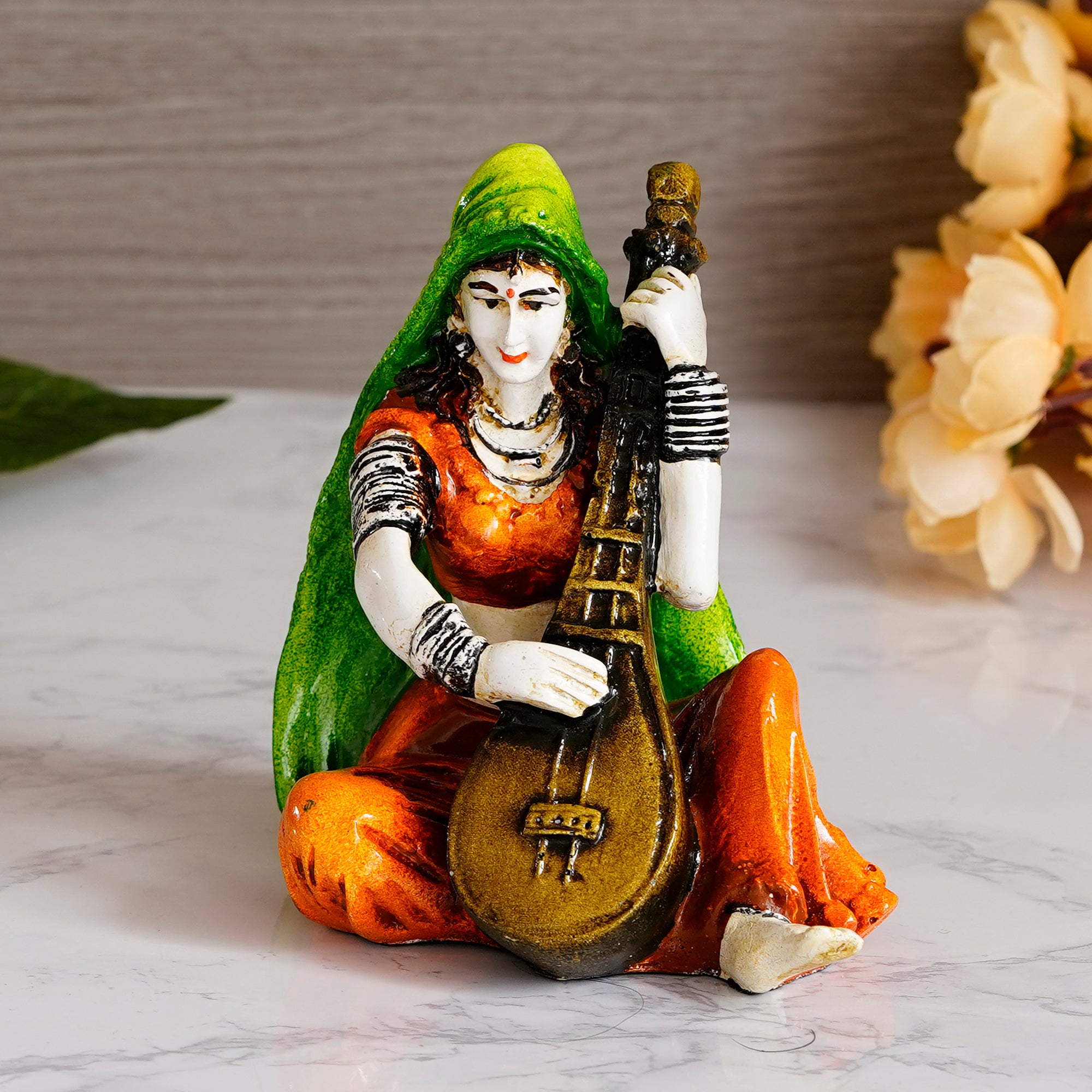 Polyresin Rajasthani Women Statue Playing Sitar Human Figurine Decorative Showpiece 1