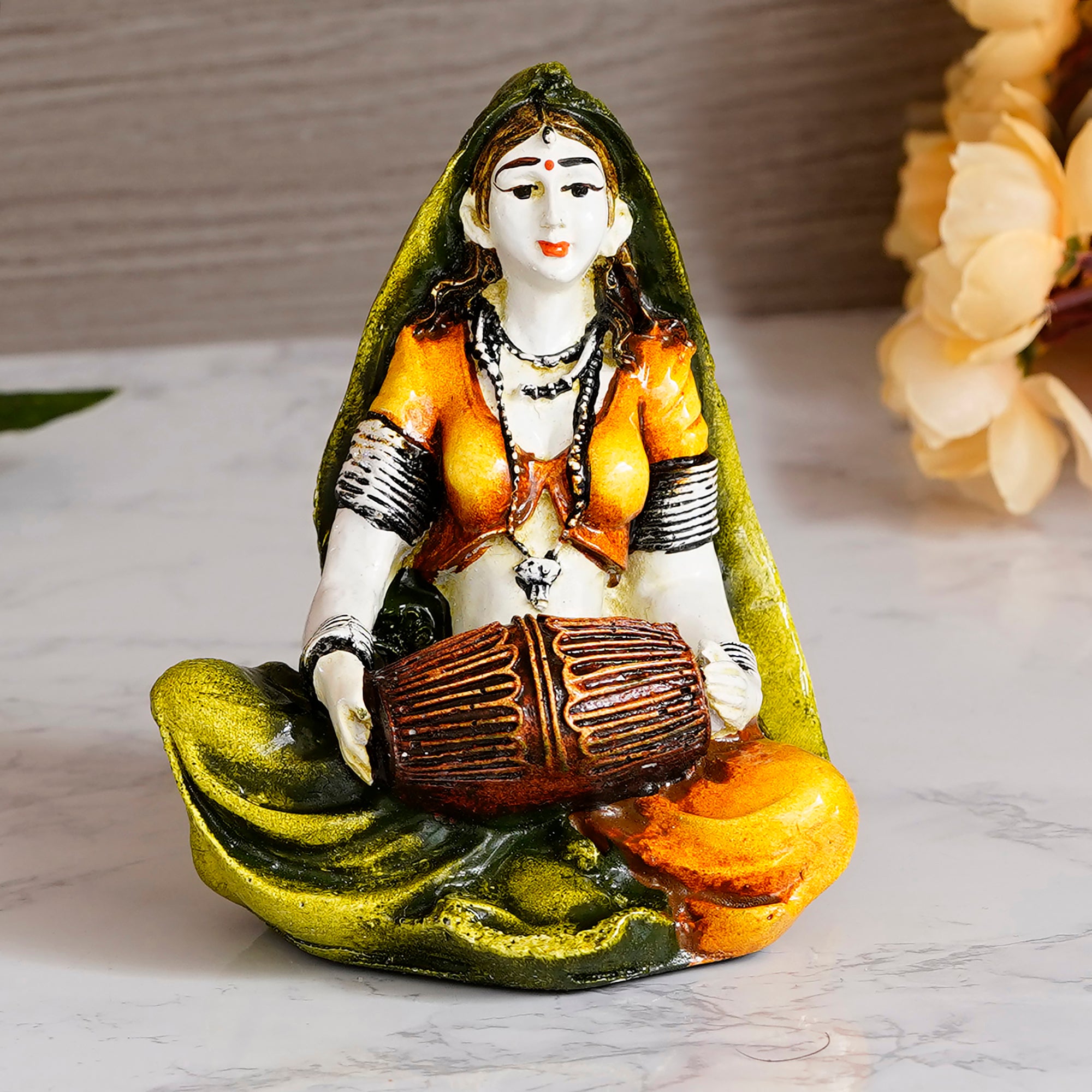 Colorful Rajasthani Lady Playing Dholak Handcrafted Decorative Polyresin Showpiece 1