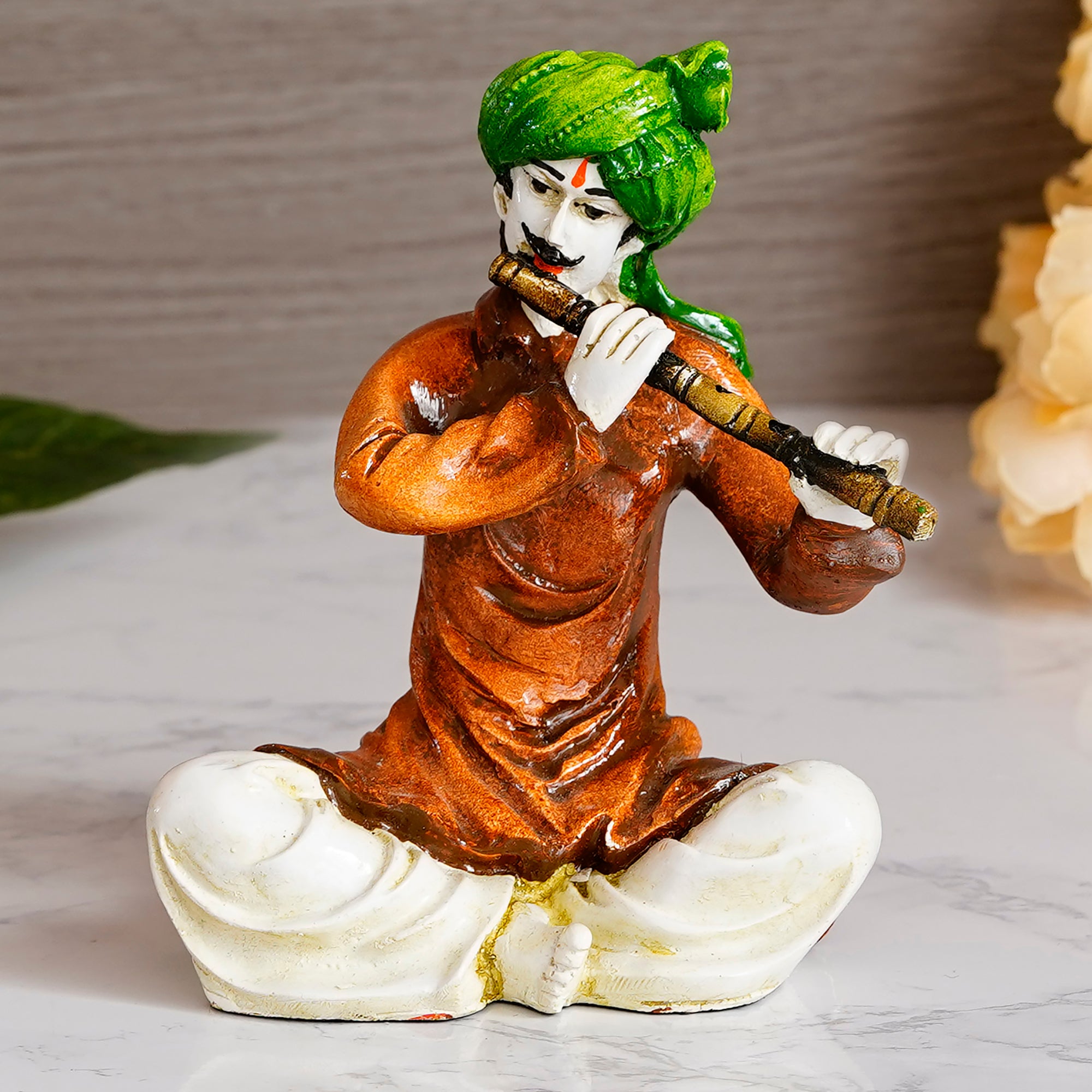 Polyresin Rajasthani Musician Men Statue Playing Flute Human Figurines Home Decor Showpiece 1