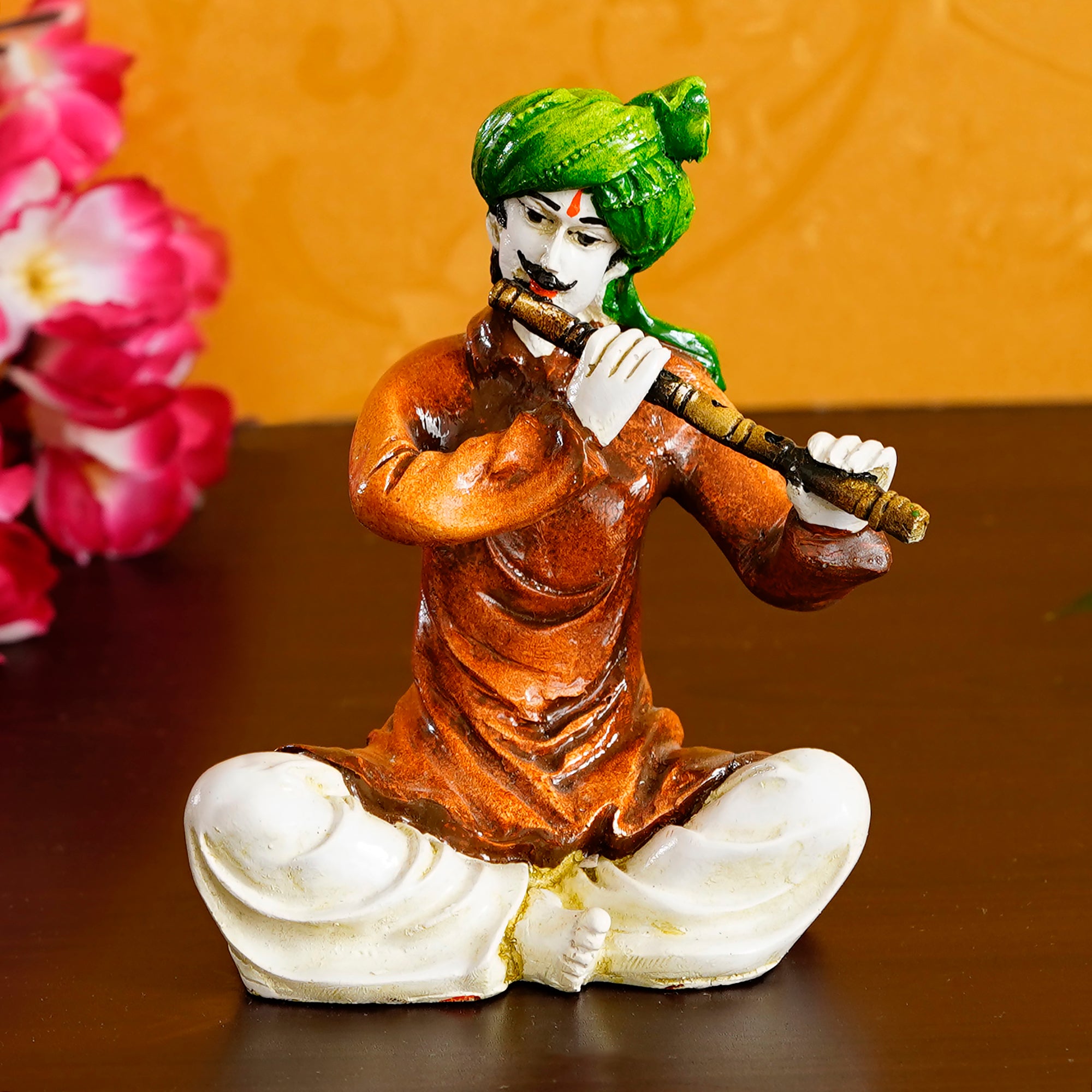 Polyresin Rajasthani Musician Men Statue Playing Flute Human Figurines Home Decor Showpiece
